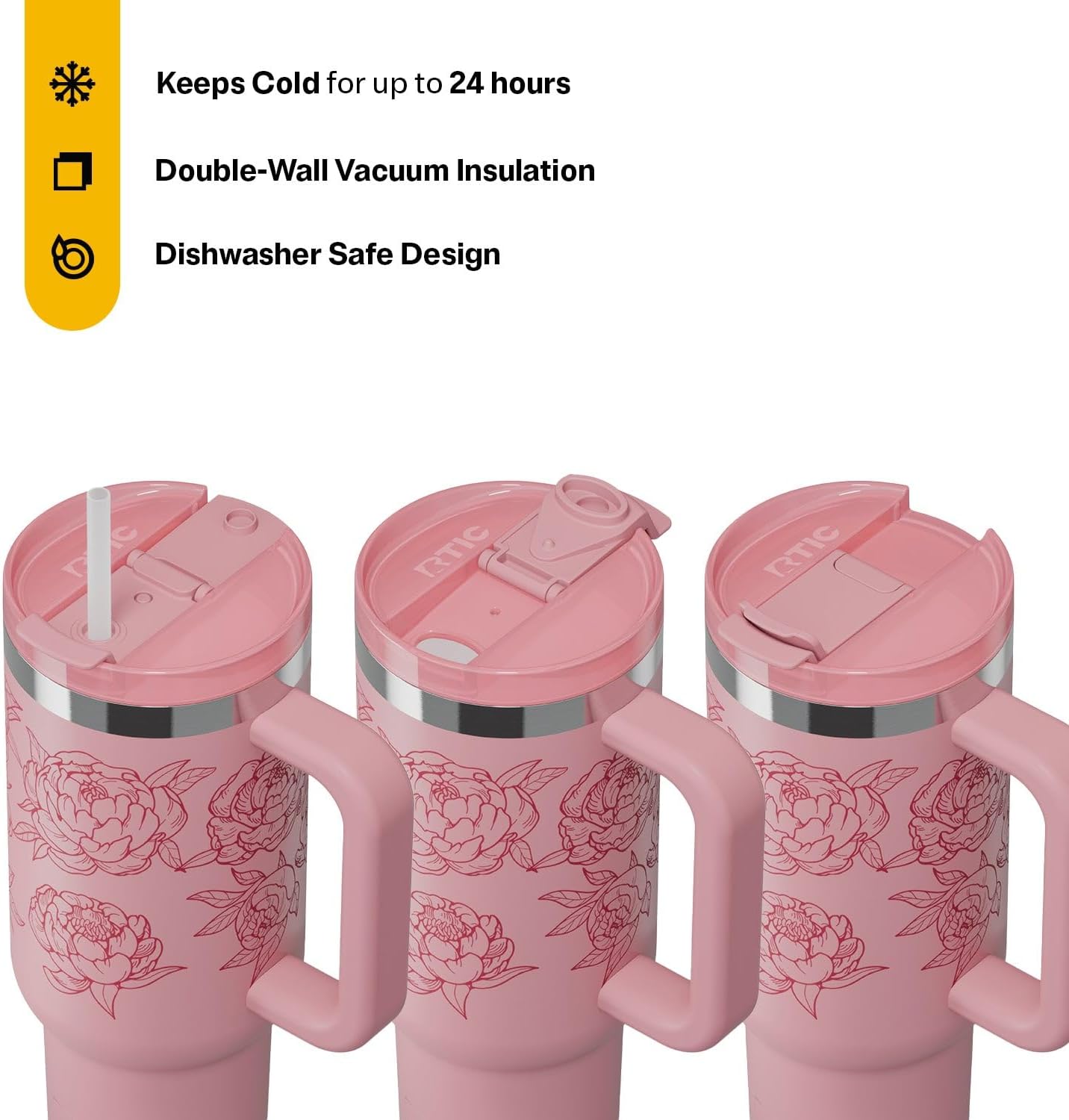 RTIC 40 oz Road Trip Tumbler Double-Walled Cermaic Lined Insulated Stainless Steel Portable Travel Coffee Mug Cup with Lid, Handle and Straw, Pink Peonies