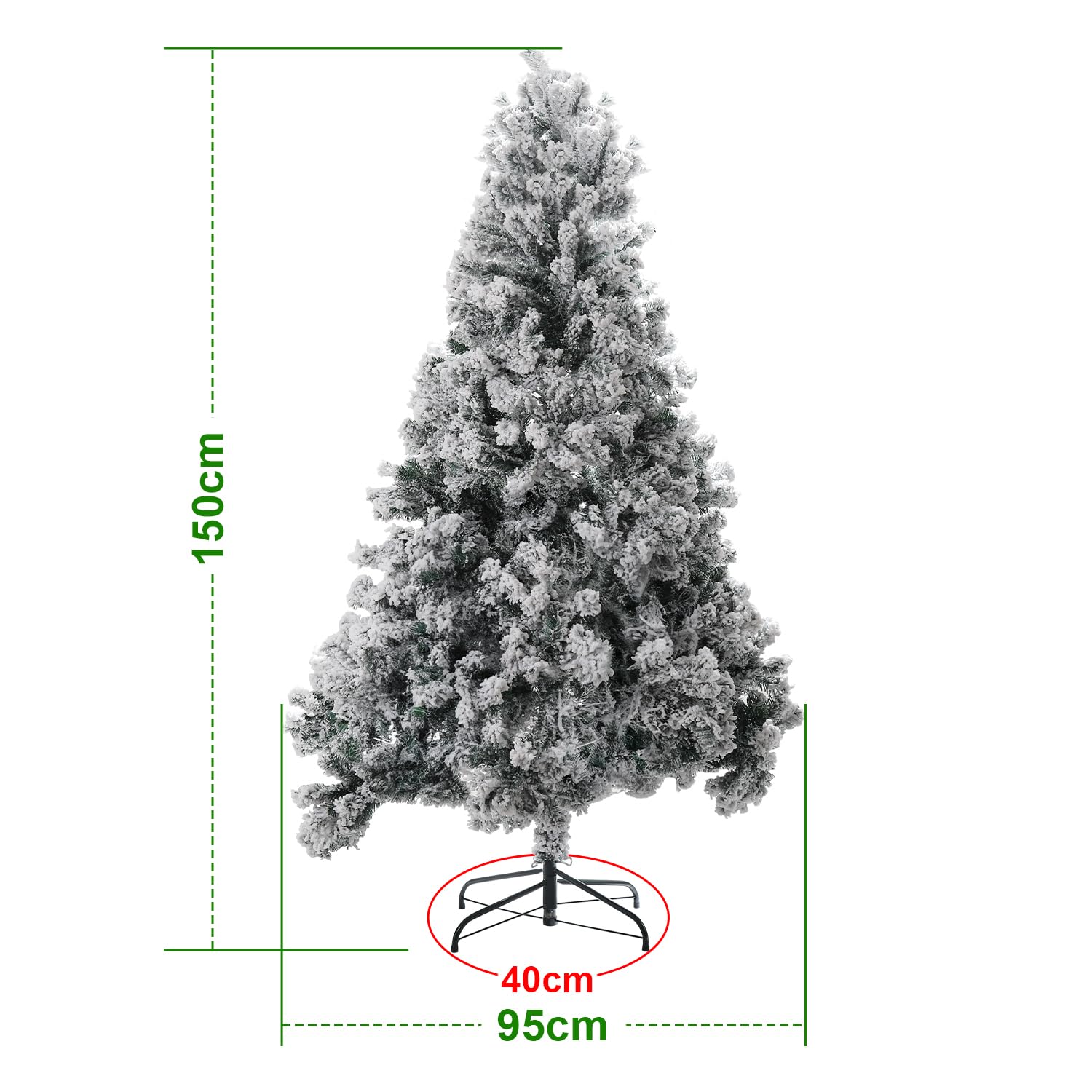 Choinka ze śniegiem, 150 cm, sztuczna choinka z metalowym stojakiem, igły PCW z białymi imitacjami płatków śniegu, sztuczne drzewko bożonarodzeniowe, system składania zielony