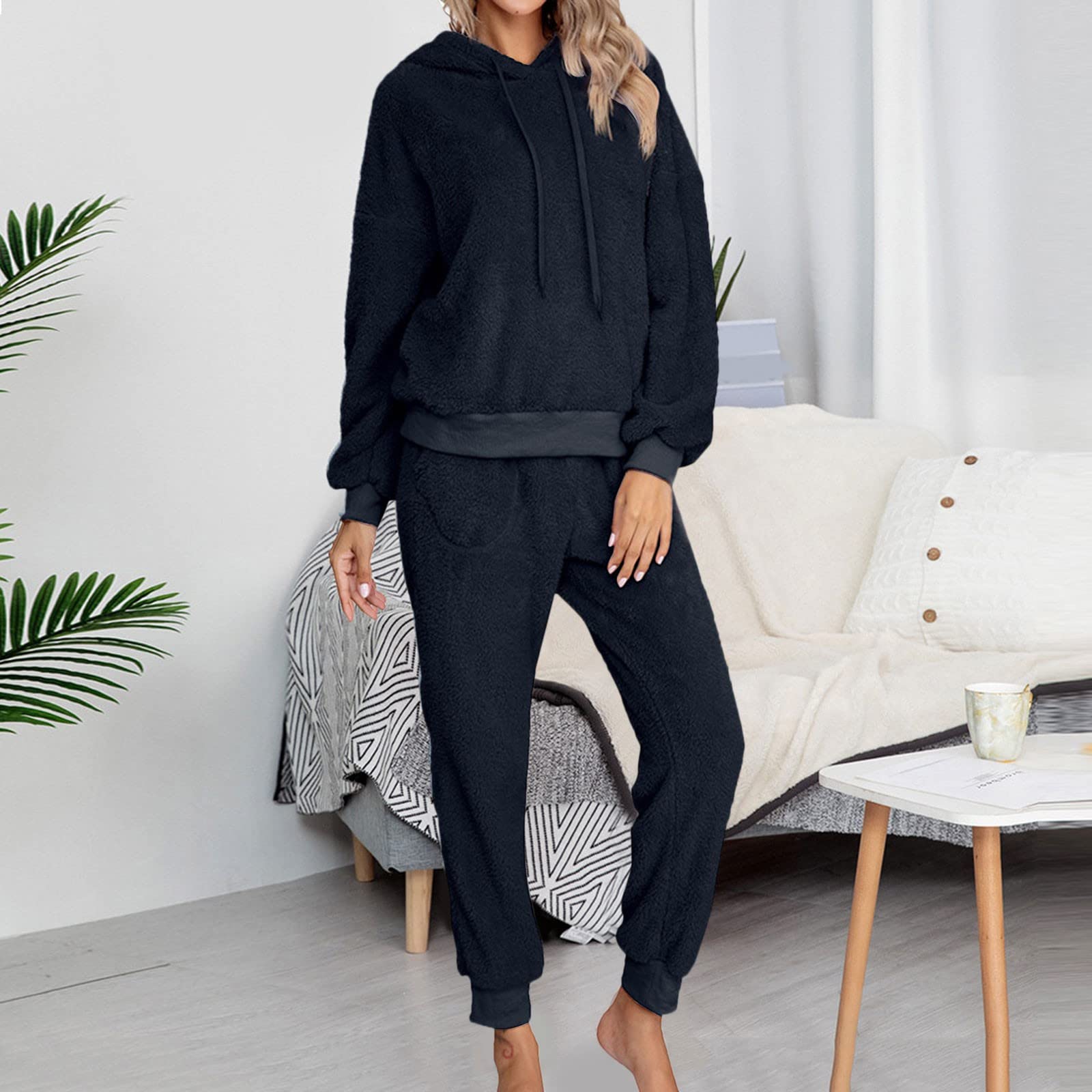 CMBSSTFC Damski długi zimowy przytulny strój rekreacyjny Elegancki duży rozmiar strój rekreacyjny Ciepły dres z podszewką Strój sportowy Elegancki flanelowy komplet piżam Bielizna nocna Puszysty