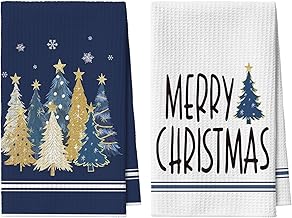 Artoid Mode Christmas Tea Towels and Dishcloths Blue Pine Stars Snowflakes, 42x65cm Merry Xmas Microfiber Absorbent Kitchen Decor Set of 2