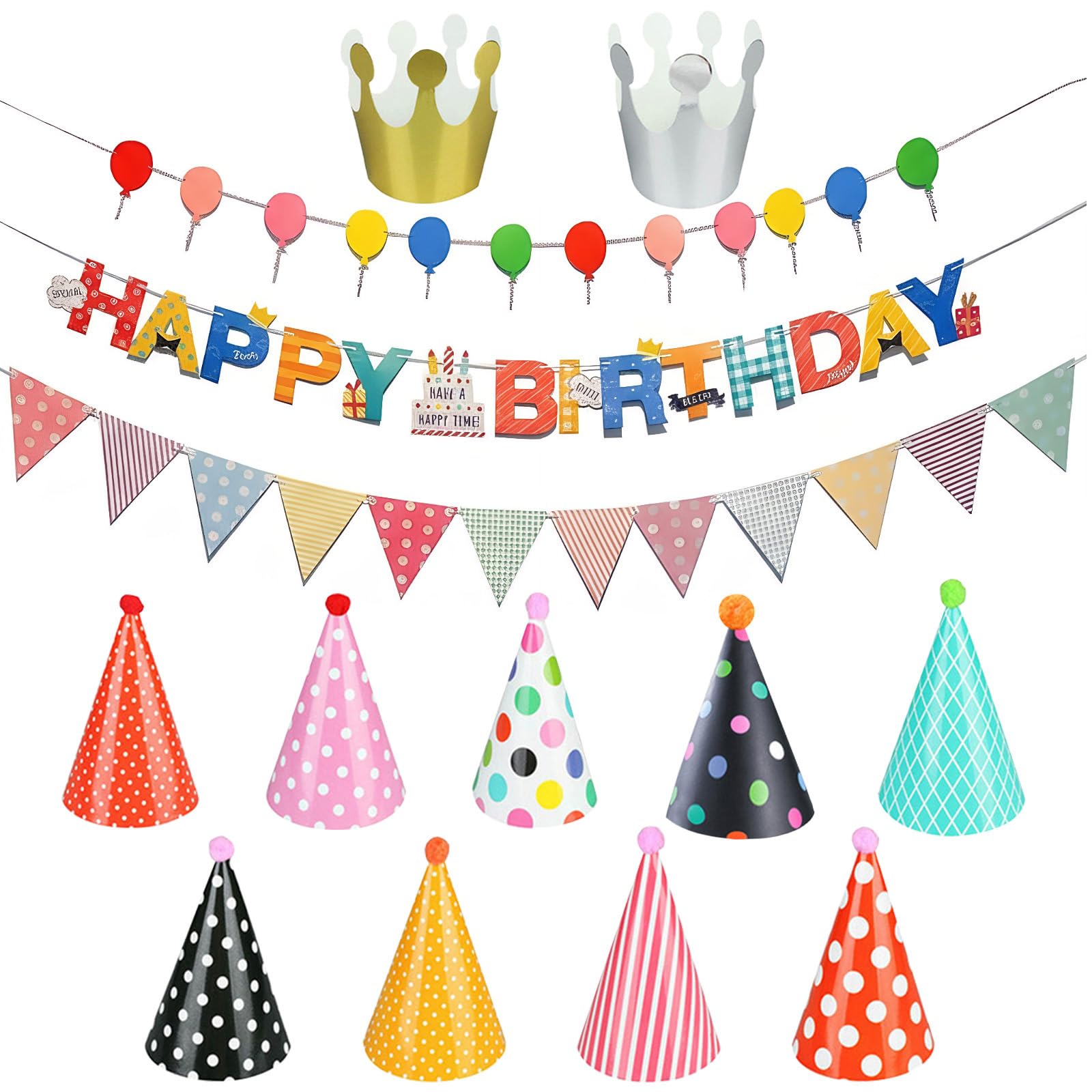 14 Pcs Birthday Party Hat Set, 11 Mini Paper Hats with Pom Poms and 3 Party Banners, Colourful Birthday Accessories for Kids & Adults Birthday Party Decorations