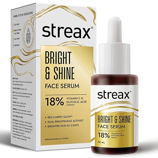 Streax Vitamin C Face Serum, 30 ml | 18% Vitamin C | Dark Spots Reduction | Brighter Skin in 3 Days | Serum for Glowing Skin | Brightening serum | Bright & Shine Face Serum