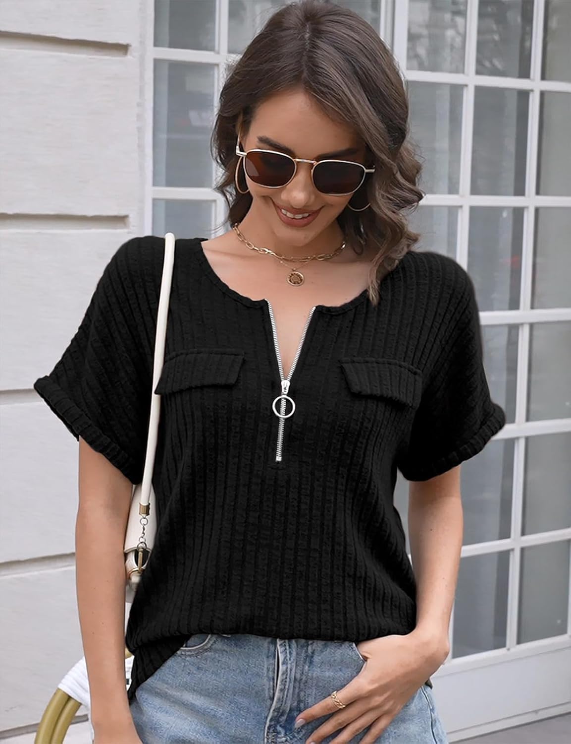 Viracy Womens Top Dressy Casual Short Sleeve Blouses V Neck Shirts 2025 Trendy Summer Fashion Loose Fit Zip-up Work Tops - Image 3