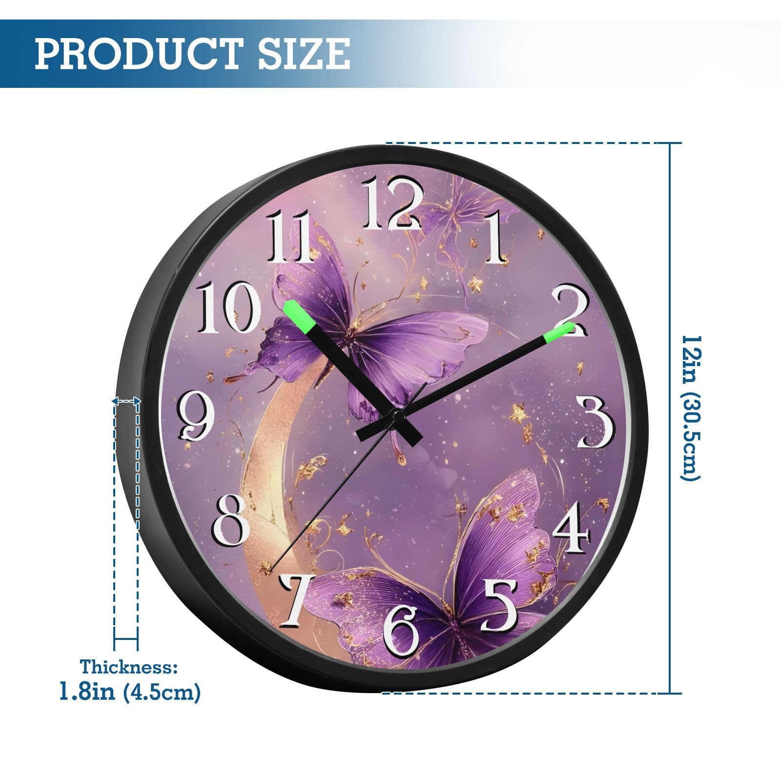 Mnsruu Reloj de pared luminoso con diseño de mariposas moradas y luna, funciona con pilas, reloj silencioso que brilla en la oscuridad, para sala de estar, cocina, 30,5 cm