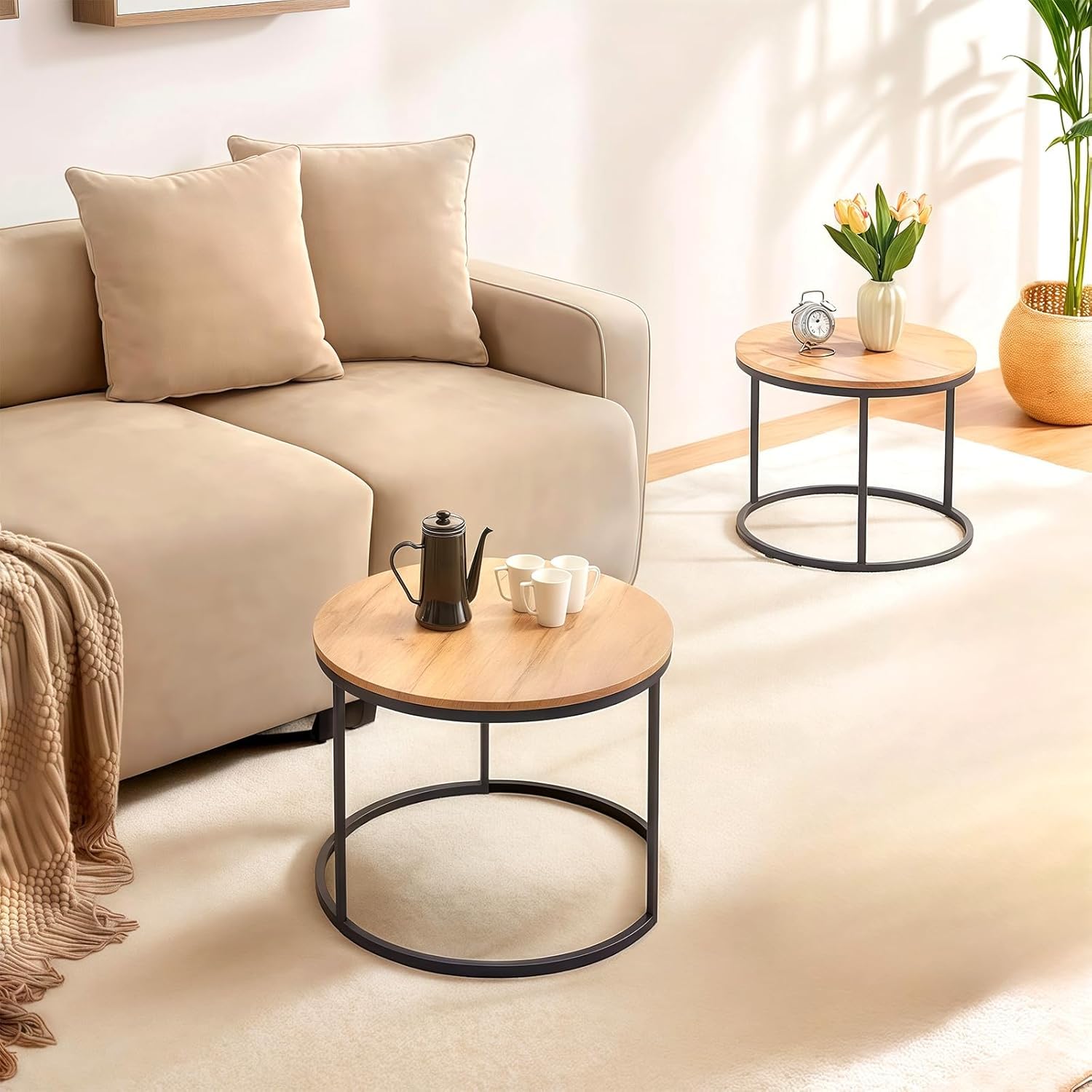Beistelltisch Rund 2er Set Kleiner Couchtisch Rund Couchtisch Schwarz Holz mit Schwarzem Metallgestell, Wohnzimmertisch Rund Sofatisch für Wohnzimmer Schlafzimmer Büro, 50+40 cm