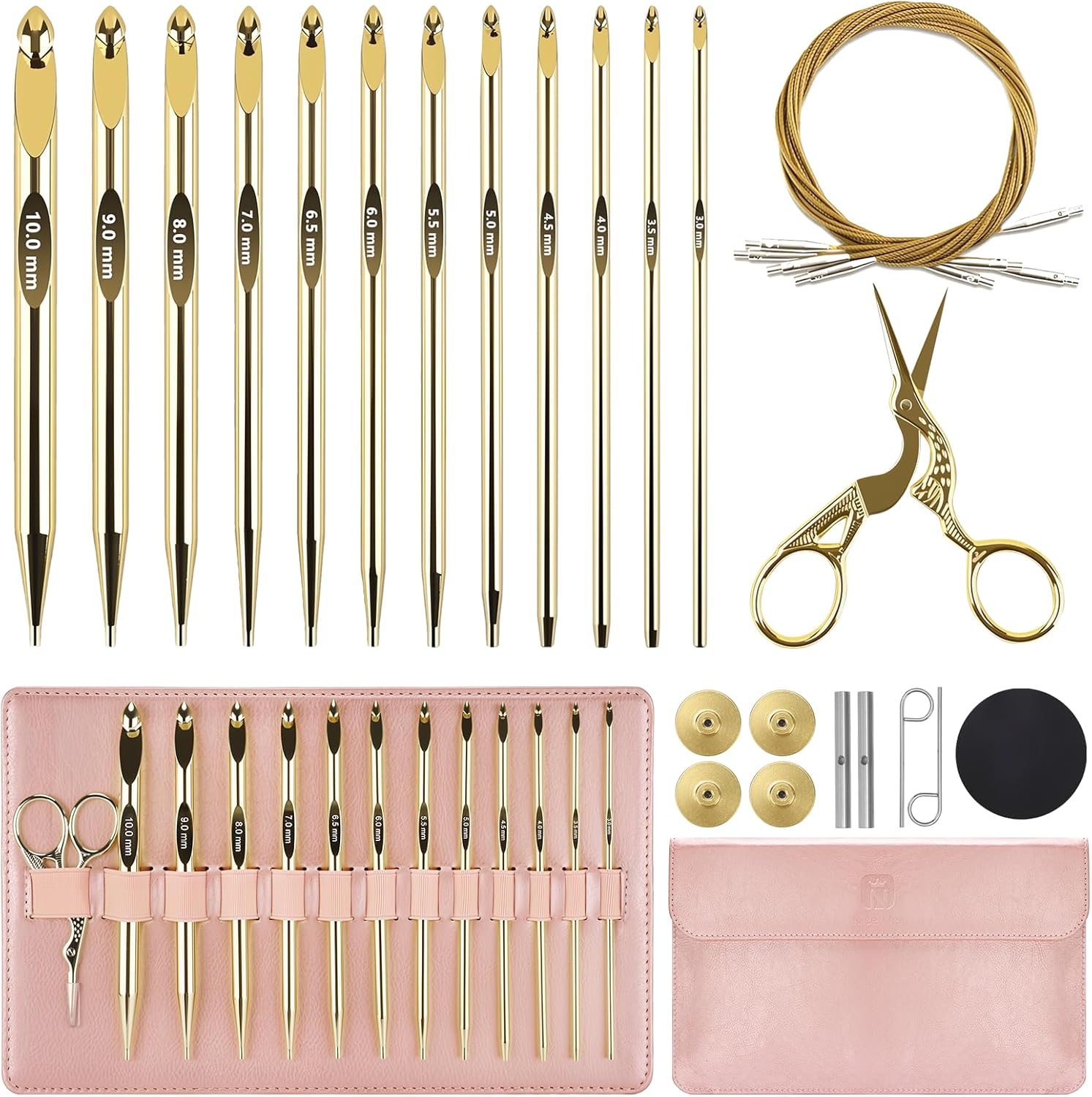 AIYUNDI Tunisian Crochet Hooks Set with Cable, 6-Inch Gold-Plated Aluminum Interchangeable Crochet Hooks 3mm-10mm, Long Crochet Hooks, Lightweight, Anti-Twist Swivel Cables, Ergonomic, Gold 26 PCS