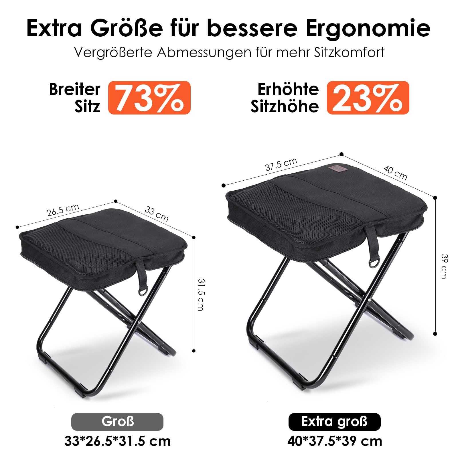 MOONCY Klapphocker Faltbar aus Aluminium, 40 × 37,5 × 39 cm, Extra Großer Falthocker bis 135 kg Belastbar, Leichter Campinghocker für Wandern, Angeln und Outdoor, Schwarz
