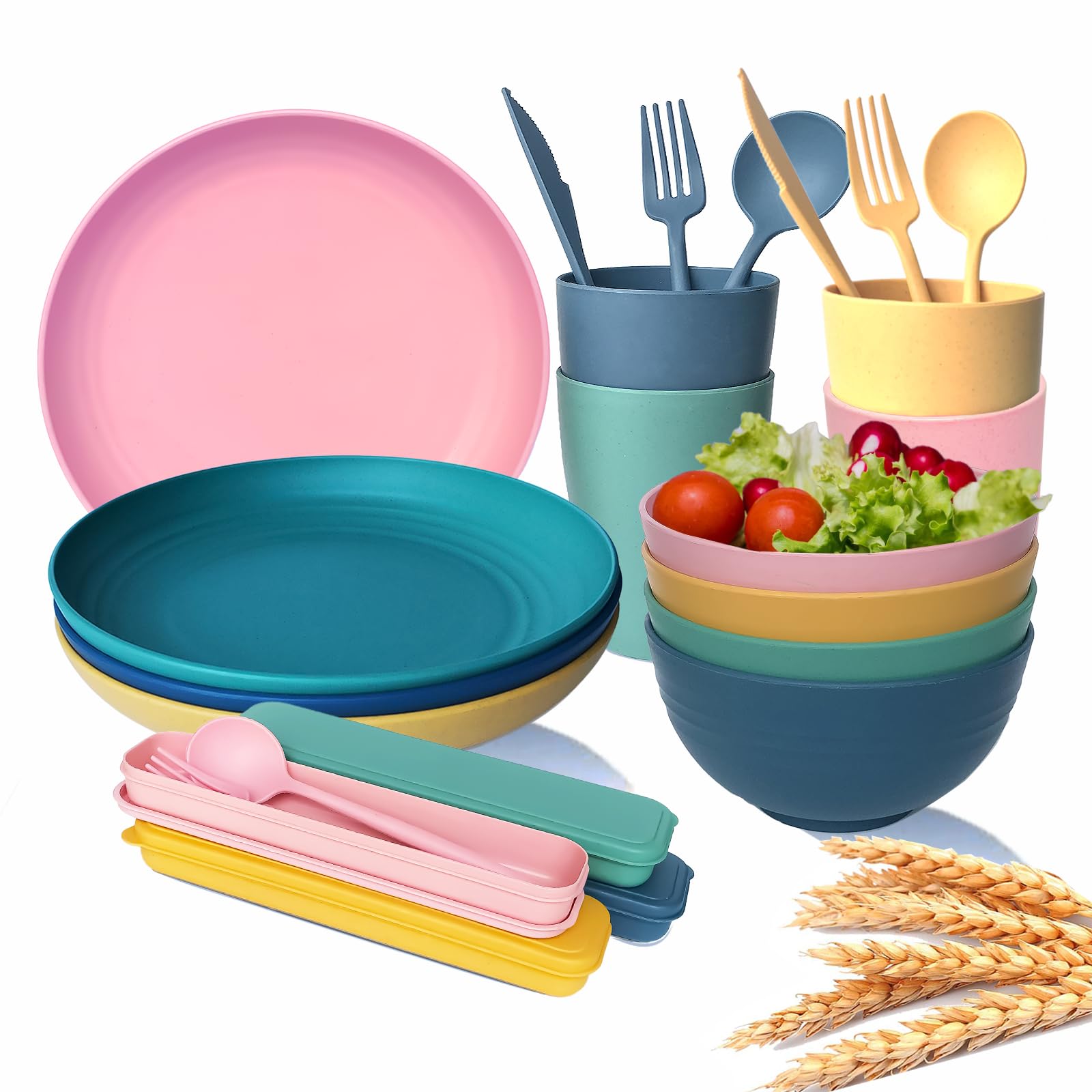 Wheat Straw Dinnerware Set for 4, 28PCS Unbreakable Kitchen Dinnerware Sets, Non Breakable Dishwasher Microwave Safe Plates and Bowls, RV Outdoor Travel Camping Cutlery Set (Multicolor)