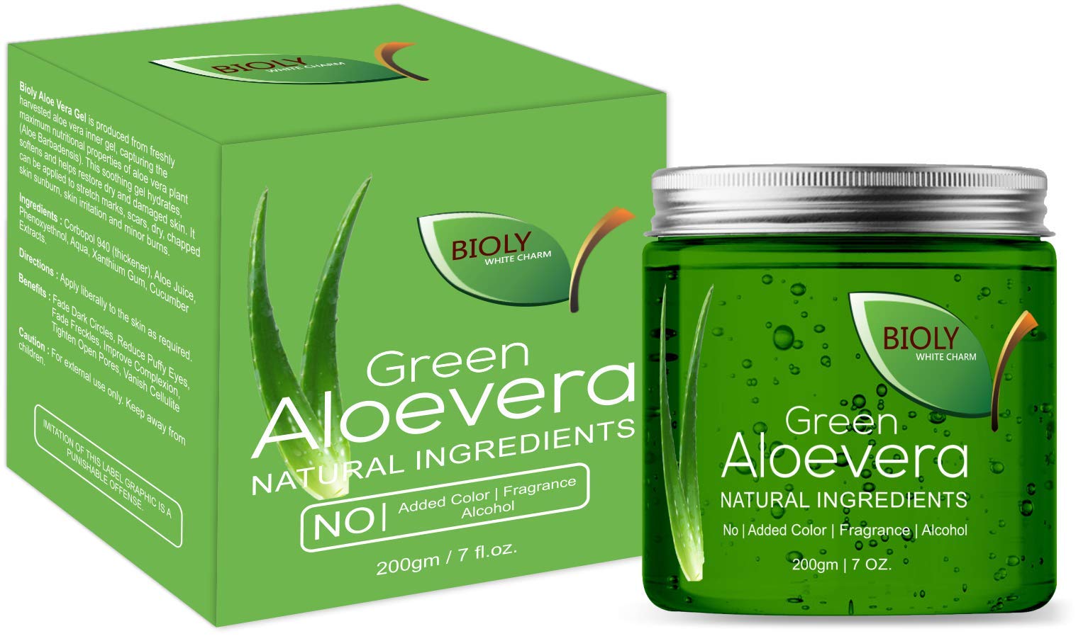 Bioly White Charm Green Aloe Vera Gel for Face, with Pure Aloe Vera & Vitamin E for Skin and Hair – 200 GM