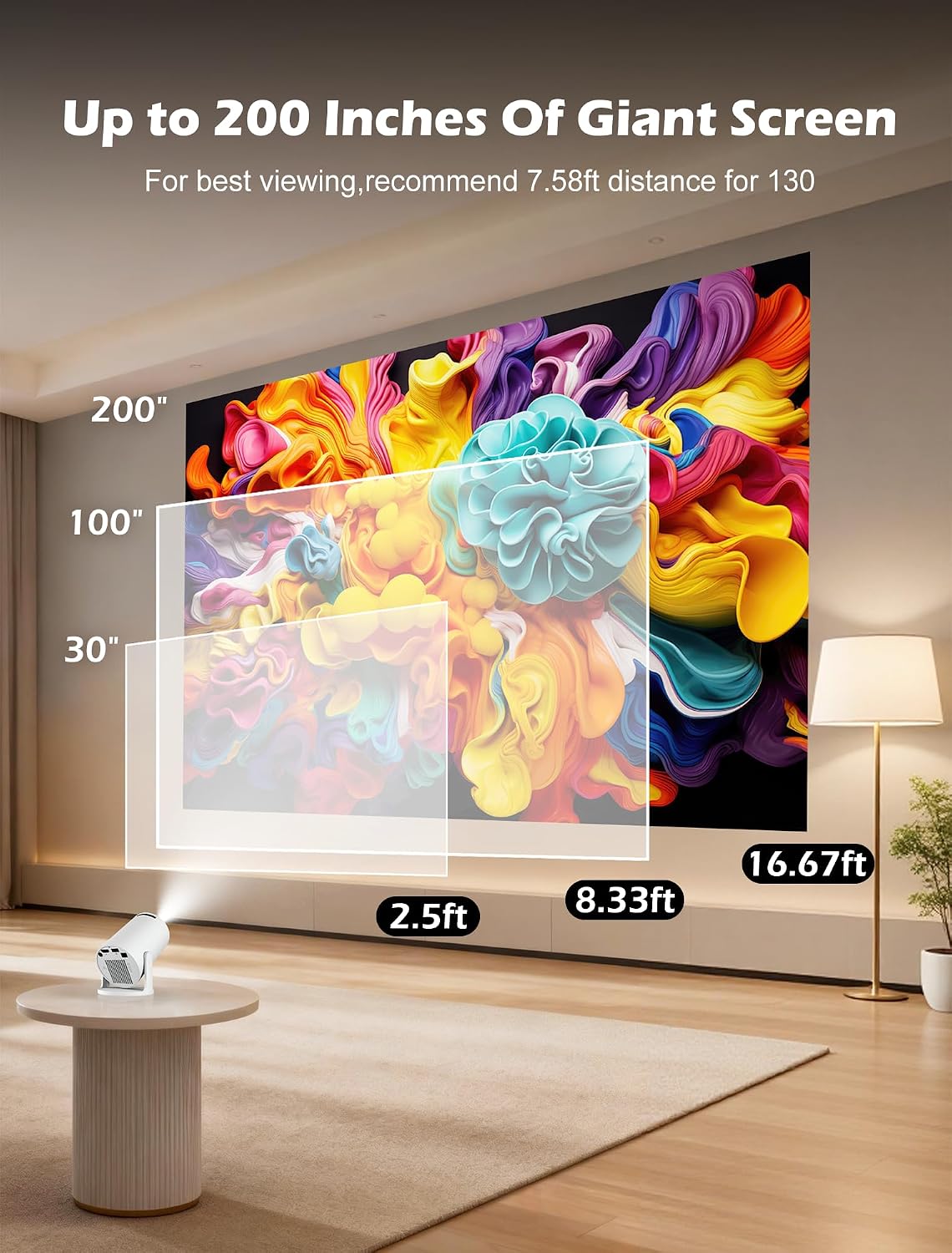 Mini Projector Support 4K, 200 Ansi Outdoor & Home Movie Portable Projector with Wifi6 and 5.0 Bluetooth, Automatic Keystone Correction, 180°Rotatable, Compatible with HDMI USB PC Laptop - 4