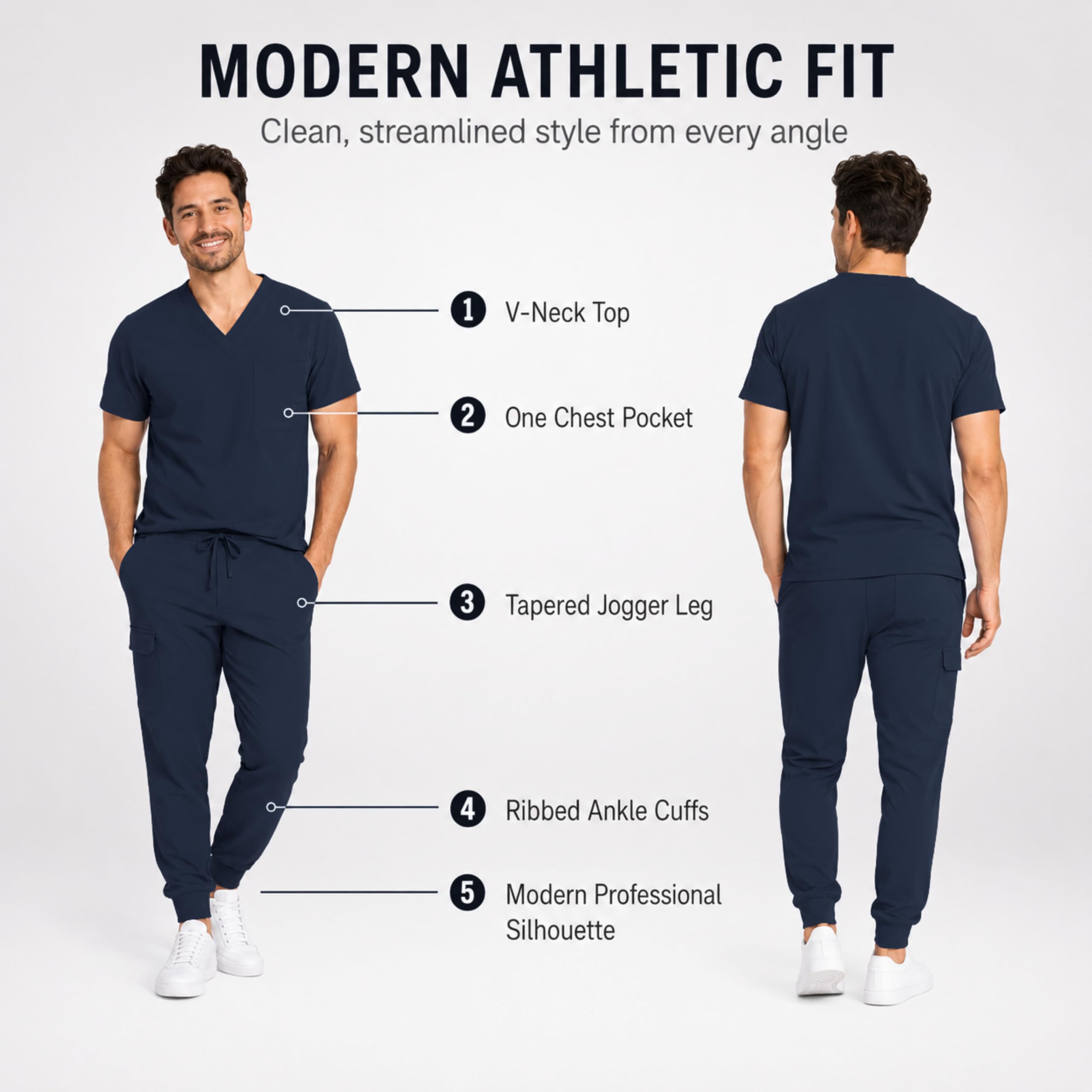 M&M SCRUBS Herren Jogger-Schrubb-Set - Luxe Stretch Medizinische Uniform, V-Ausschnitt OP-Oberteil & Jogginghose (True Navy Blue, Large)