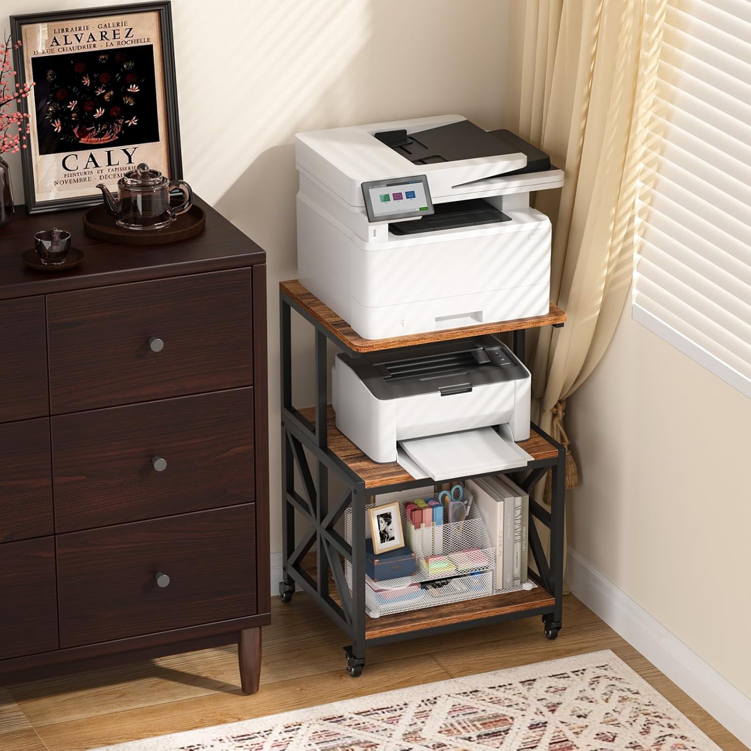 GreenForest Printer Stand with Lockable Wheels, Heavy Duty Printer Table with 3-Tier Storage Shelf for Home Office, Mobile Printer Cart for Small Spaces, 19.7"x17.7", Walnut