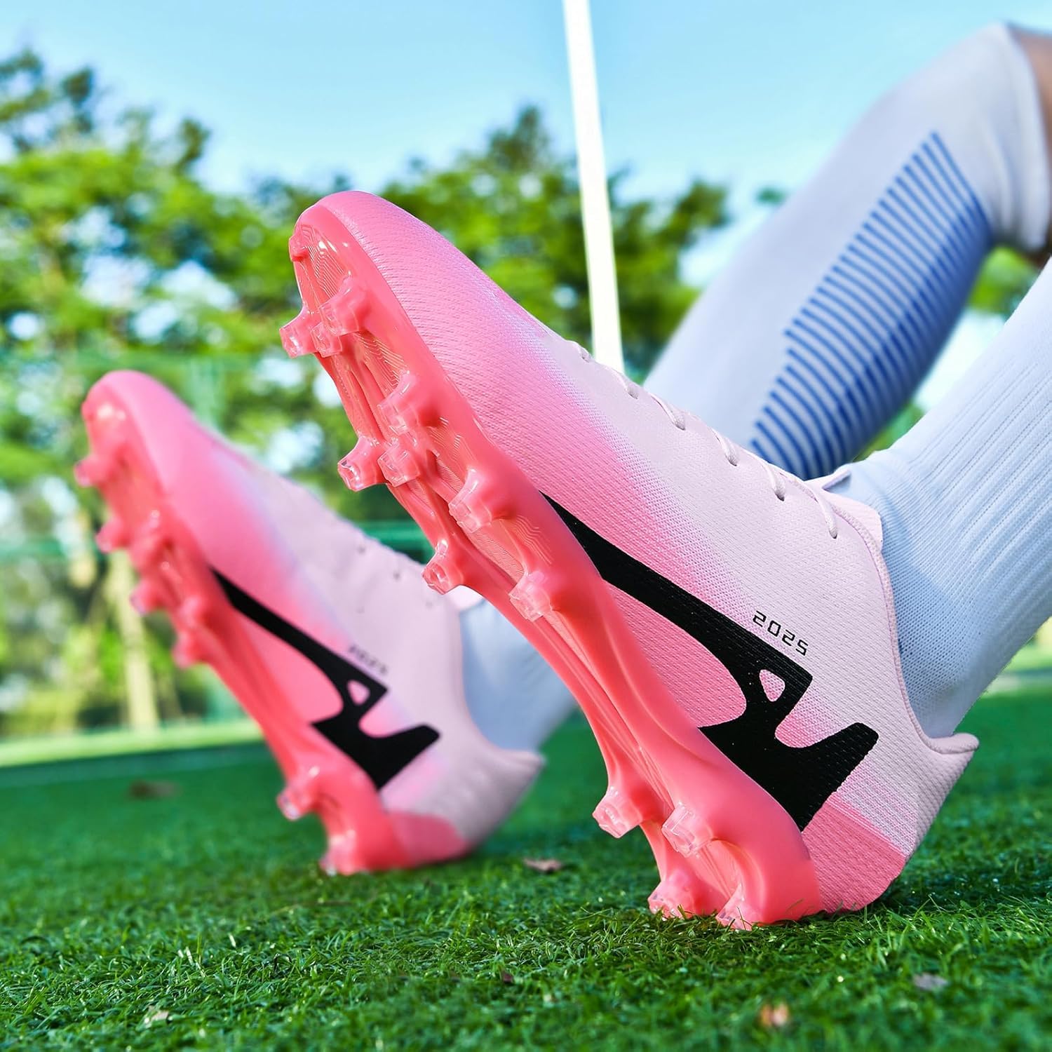 Spike Cleats męskie buty do piłki nożnej, z mikrofibry, profesjonalne buty do piłki nożnej, dla dzieci, młodzieży, do uprawiania sportu, na świeżym powietrzu, buty treningowe, różowy 2, 43 EU
