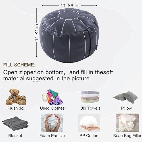 Miniatura 10 de Dayer - Funda de puf sin relleno, puf de piel sintética, puf otomano, reposapiés redondo y asiento de taburete, pufs de color marrón oscuro para