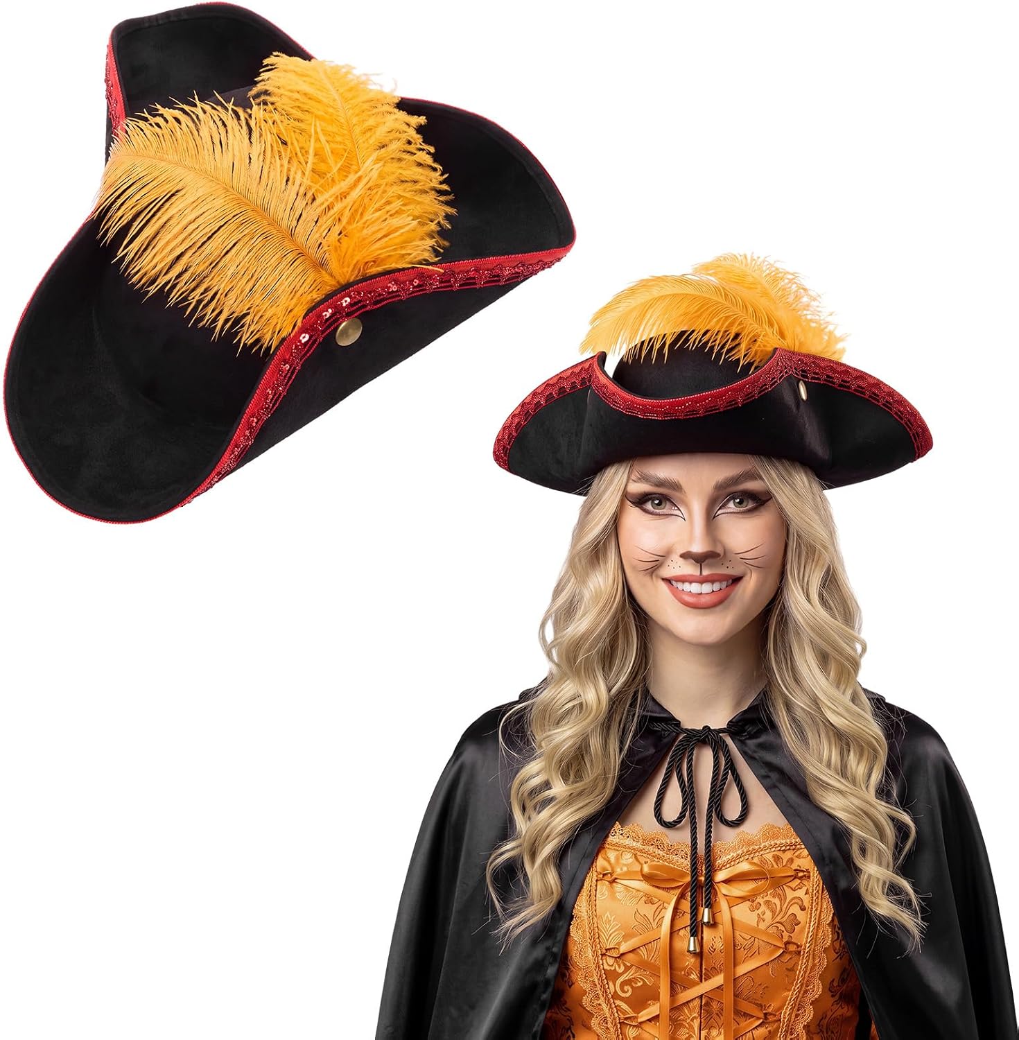 Liitrsh Tricorn Pirate Hat with Feather 15 x 15 x 3.9 Inch