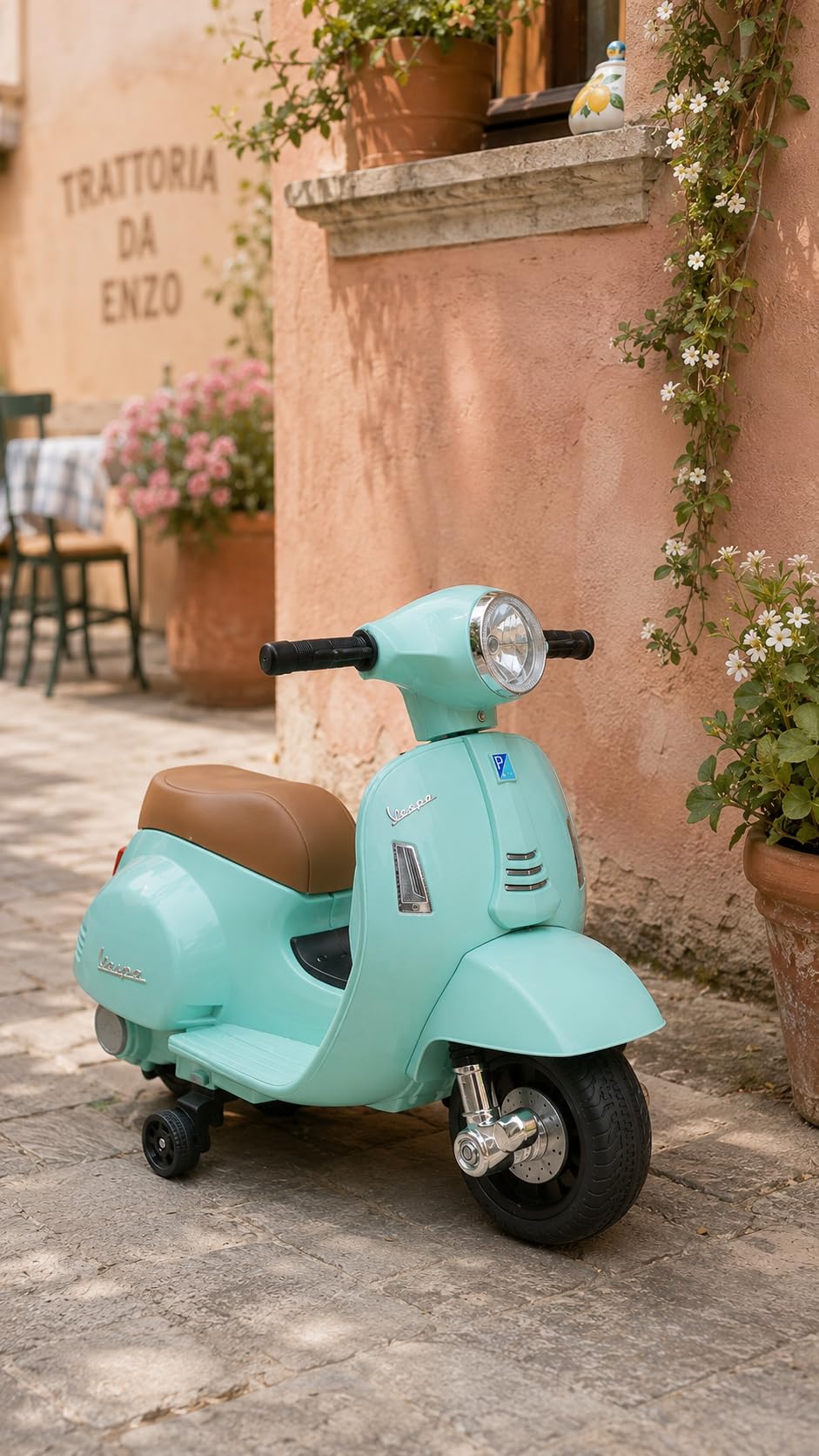 Turbo Challenge - Vespa GTS - Portador Eléctrico - 119151 - Scooter - Verde Agua - Listo para Rodar - Máximo 25Kg - Plástico - Baterías Recargables - A Partir de 24 Meses