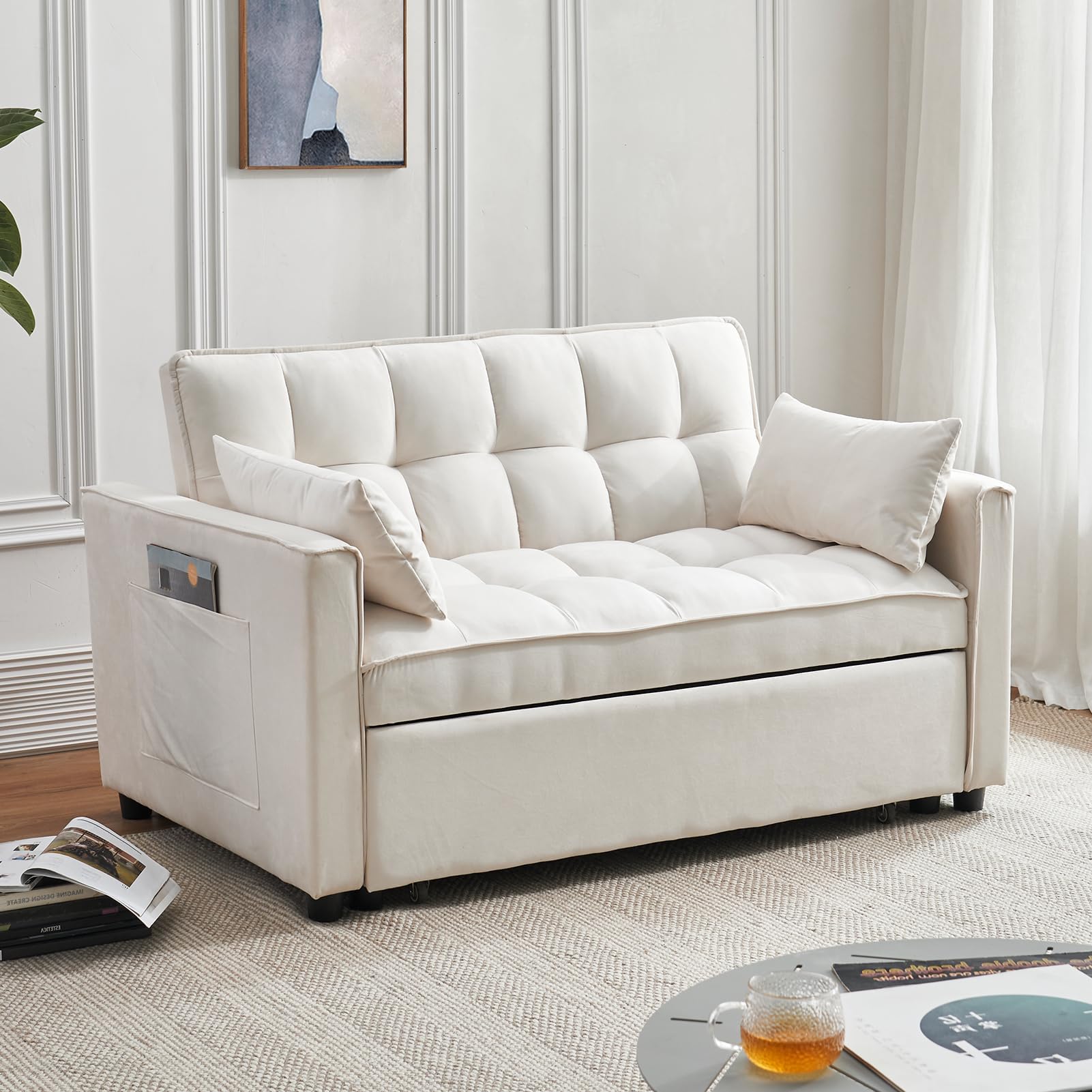 Sleeper Sofa Bed, 3 in 1 Pull Out Couch Bed with Adjustable Backrest, Modern Sofa Couch for Living Room, Convertible Sofa Bed for Bedroom. (White)