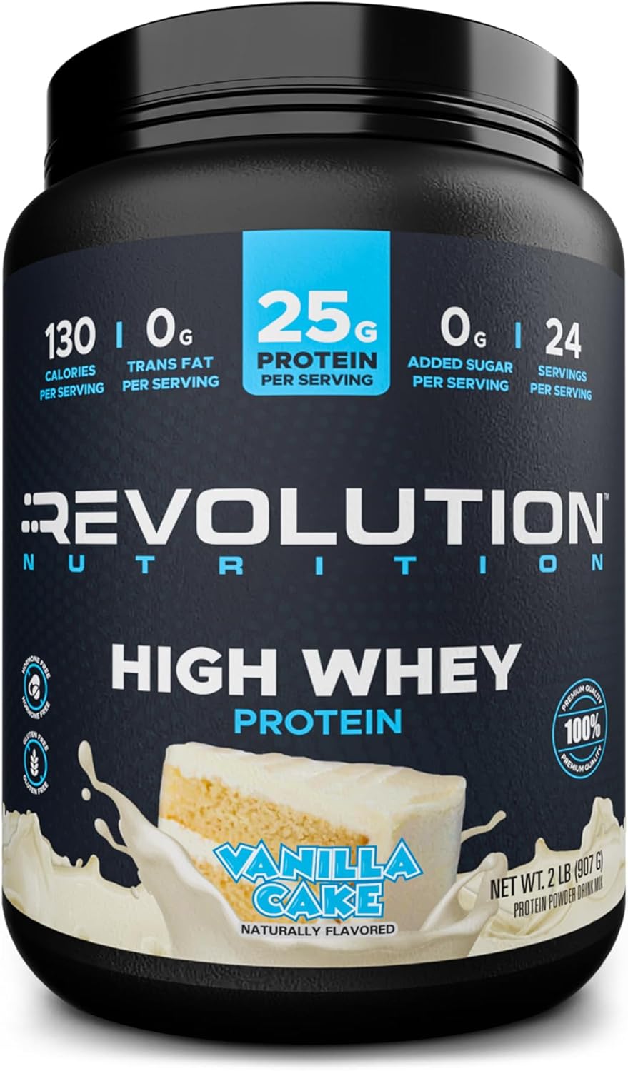 Revolution Nutrition, High Whey, Protein Powder 2LB, Gluten Free, Lean Muscle Mass for Men & Women, 25g of Protein Per Scoop, 907 g, 24 Servings (Vanilla Cake, 2 Pound)