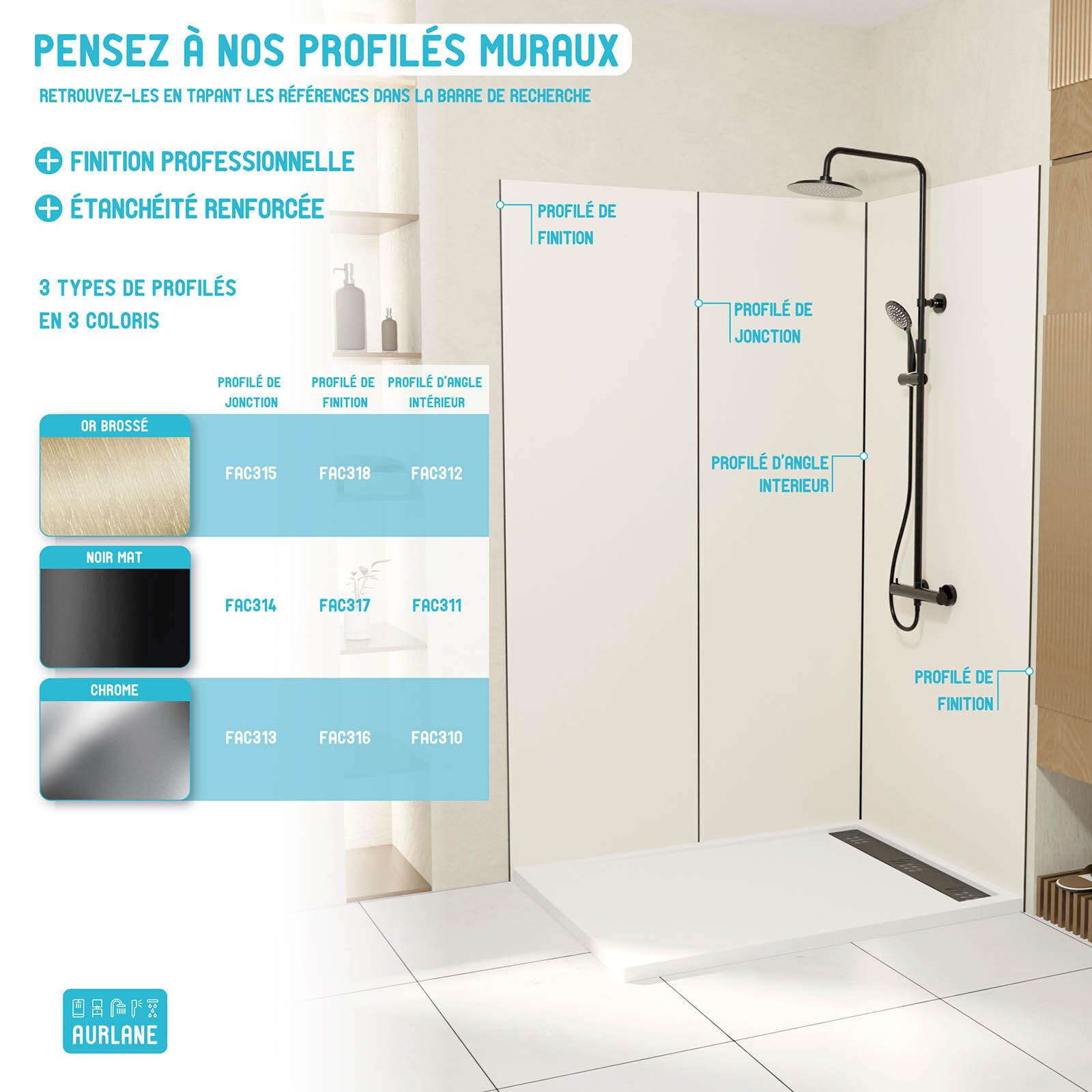 Panneau mural de douche finition Beton en composite pierre et ciment - 90 x 210 cm