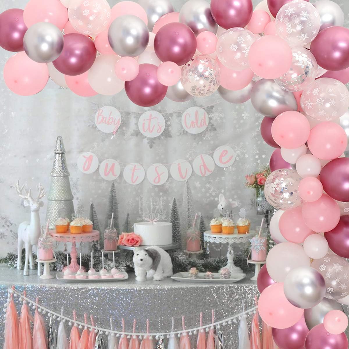 Winter Snowflake Party Decoration Pink 106Pcs Winter Snowflake Balloon Garland Winter onederland Party Decor Balloon for Winter Onederland 1st Birthday Baby Its Cold Outside Baby Shower Decor