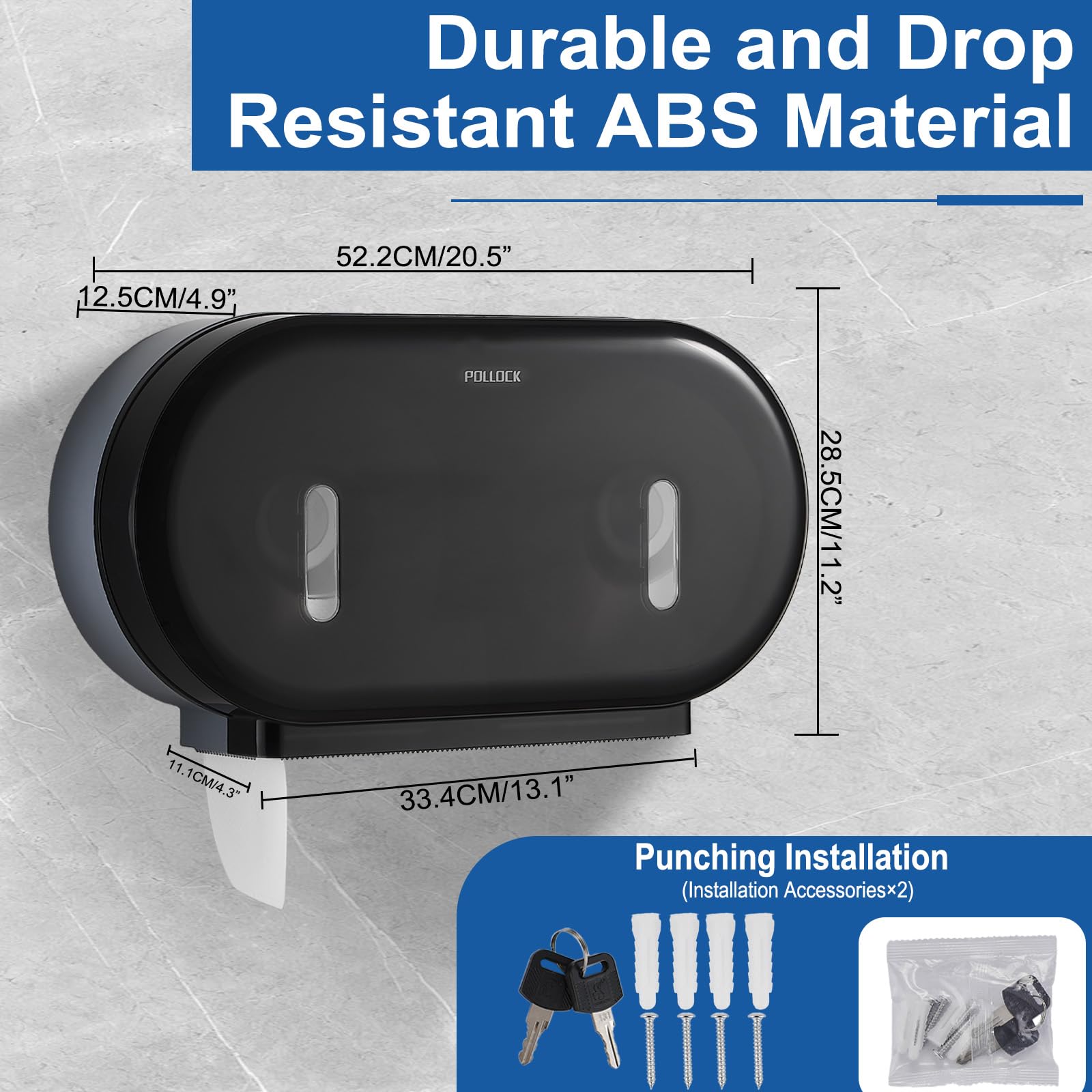 Pollock Distributeur Murale Double pour Papier Toilette Rouleau, Grand Distributeur Industriel de Rouleaux de Papier Toilette, Très Grande Capacité, sans Perçage, pour Locaux Commerciaux, Noir