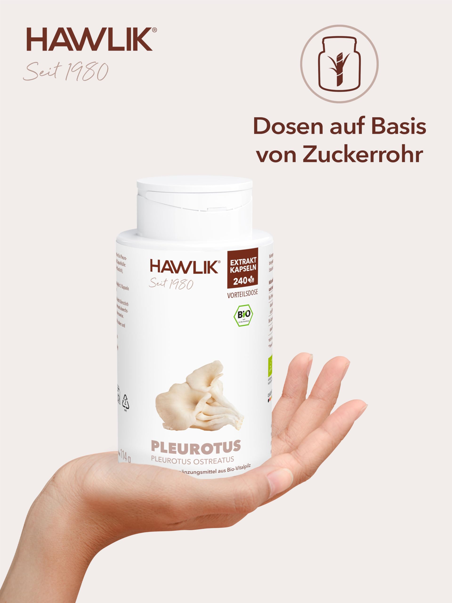 HAWLIK Vitalpilze Pleurotus Extrakt Kapseln - 240 Kapseln - Mit Vitamin C - Natürlicher Anbau - Vegan - Zuckerrohr-Dose