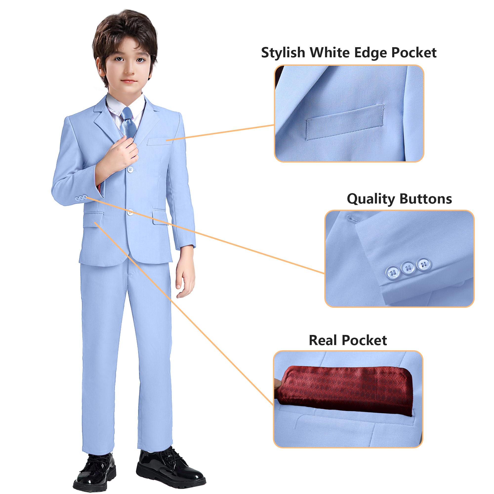 Boy's Formal Suit 7 Piece Slim Fit Tuxedo for Kids Teen Boys Jacket Vest and Pants Set for Wedding with Bow Tie Suspenders | Set mit Jacke, Weste und Hose, Hemd, Fliege, Krawatte, Hosenträger