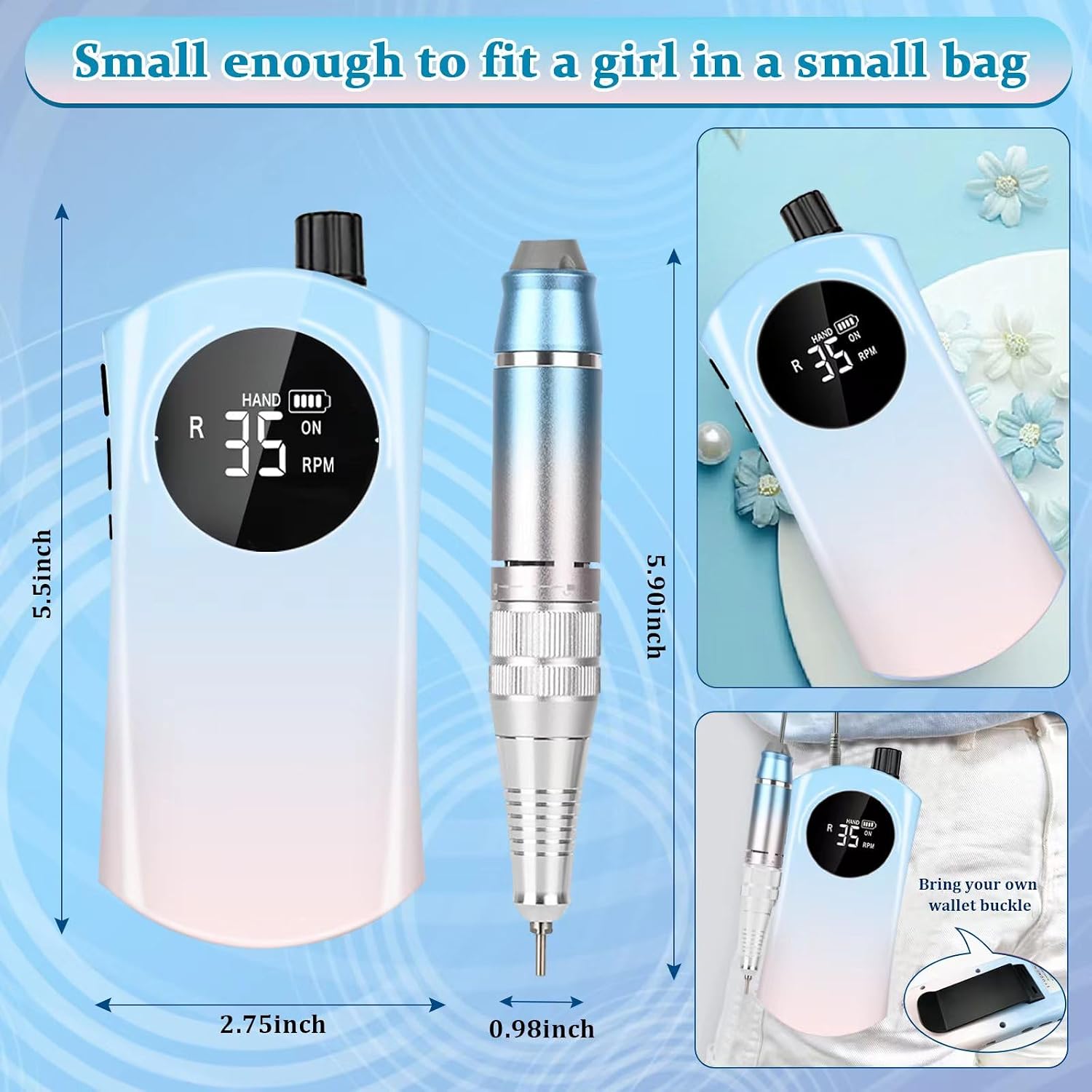 New 2024 Nail Drill Kit - Professional Electric Nail File Machine, 35000 RPM Cordless Rechargeable Nail File with Multiple Drill Bits for Acrylic Nails，Salon and Home Use (Gradient Blue)