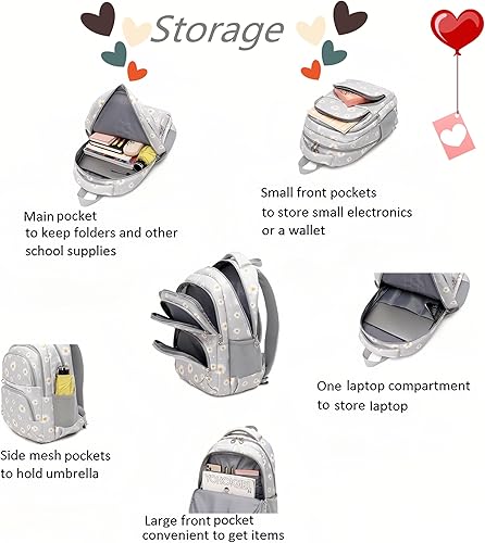 Miniatura 7 de Juego de mochila escolar de 3 piezas con estampado margarita para adolescentes, niñas, primaria, mediana y niños, impermeable, con bolsa de