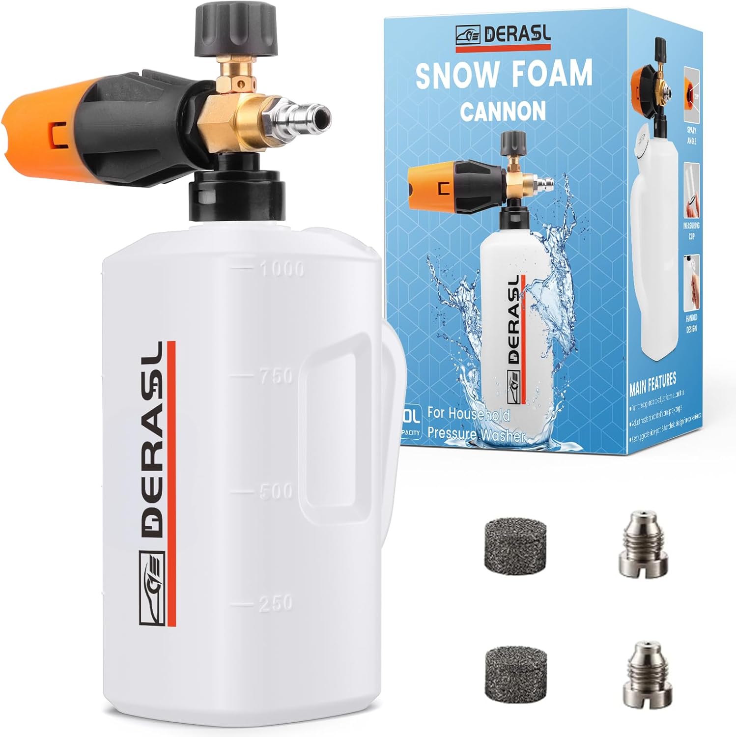 Foam Cannon, 1/4 Quick Connector Foam Cannon for Pressure Washer, Pressure Washer Foam Cannon with Adjustable Nozzle & 1L Foam Cannon Bottle, Soap Cannon for Pressure Washer with Handle
