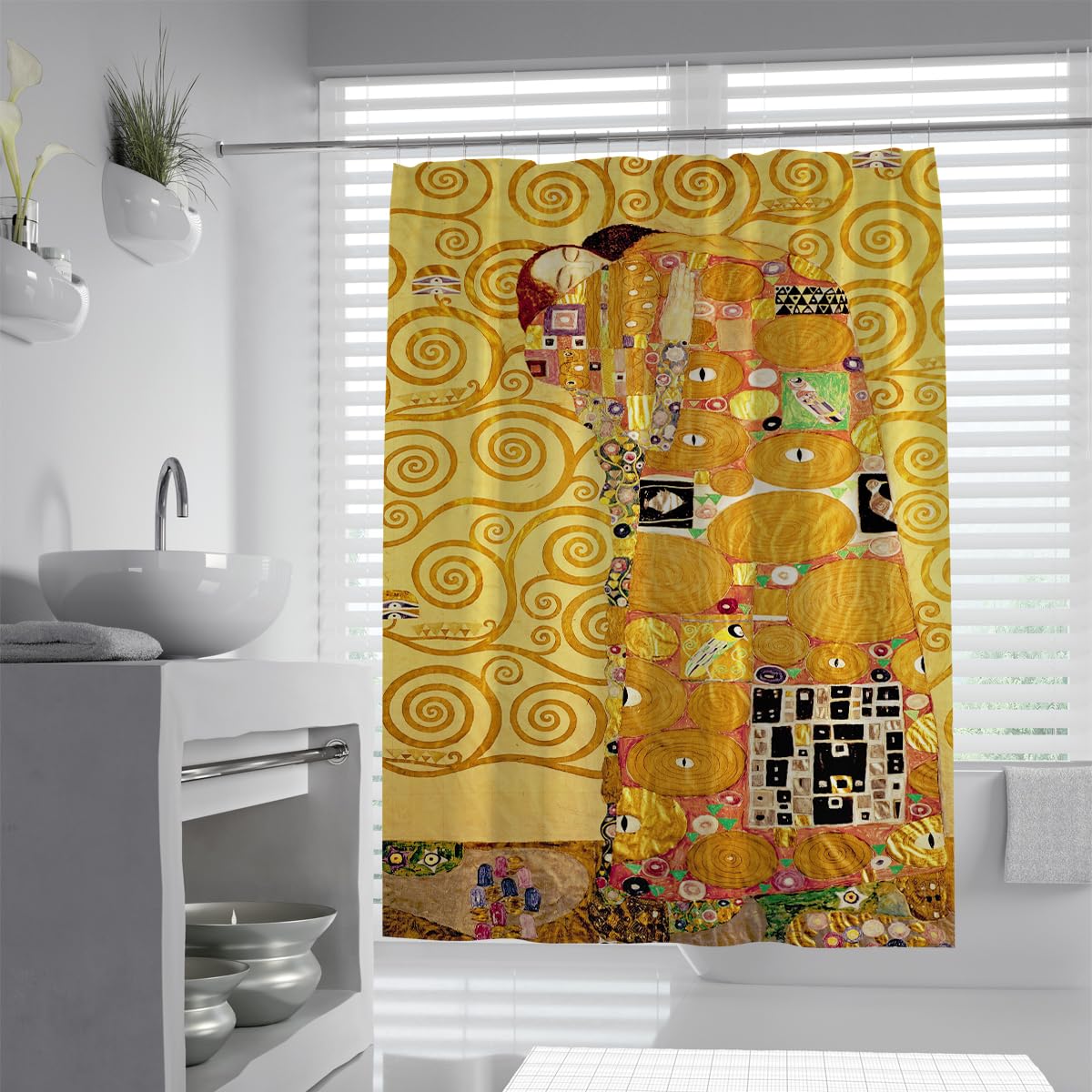 OLLIAR Home Famous Painting the Embrace Shower Curtain 150x180 Luxury Gold Swirls Art Deco Waterproof Fabric Bathroom Curtain Elegant Shower Curtain Set with Hooks
