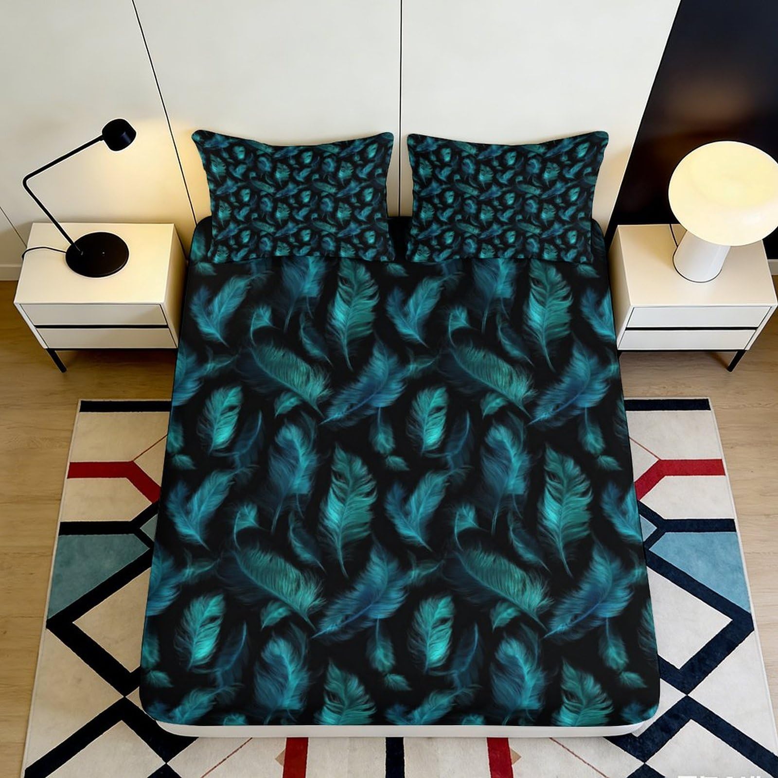 3D Printed Dream Feather Fitted Sheet Microfiber Non-Slip Deep Pocket Feather Mattress Fitted Cover Full Wrap for Home Bedding 90x200x25cm