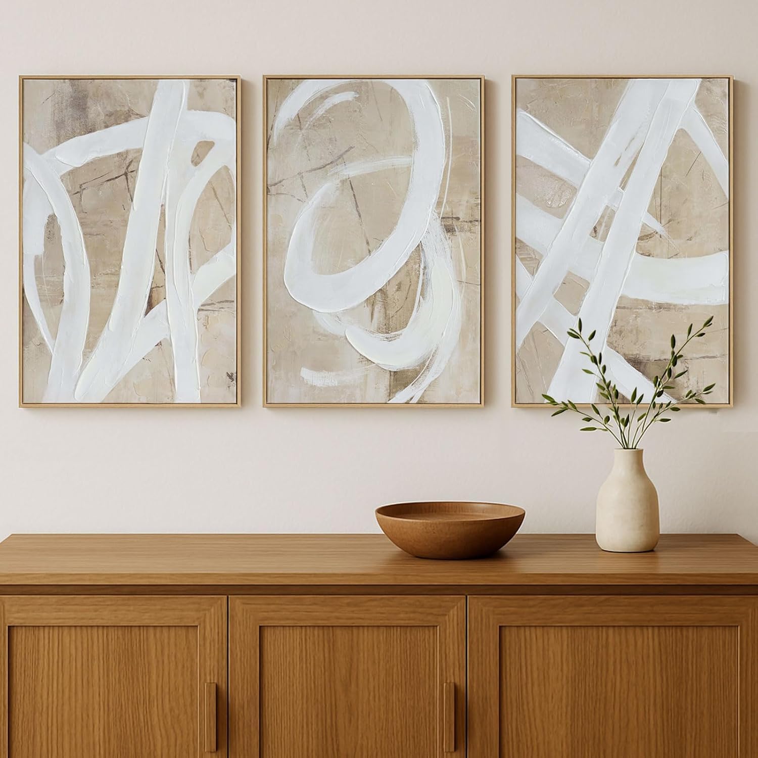 lianyibo Neutralna Abstrakcyjna Sztuka Ścienna Minimalistyczna Biały Brązowy Pastelowy Farba Strokes Kształty Plakaty Wydruki Living Room Dekoracja sypialni (70 x 90 cm x 3/Ramka wewnętrzna)