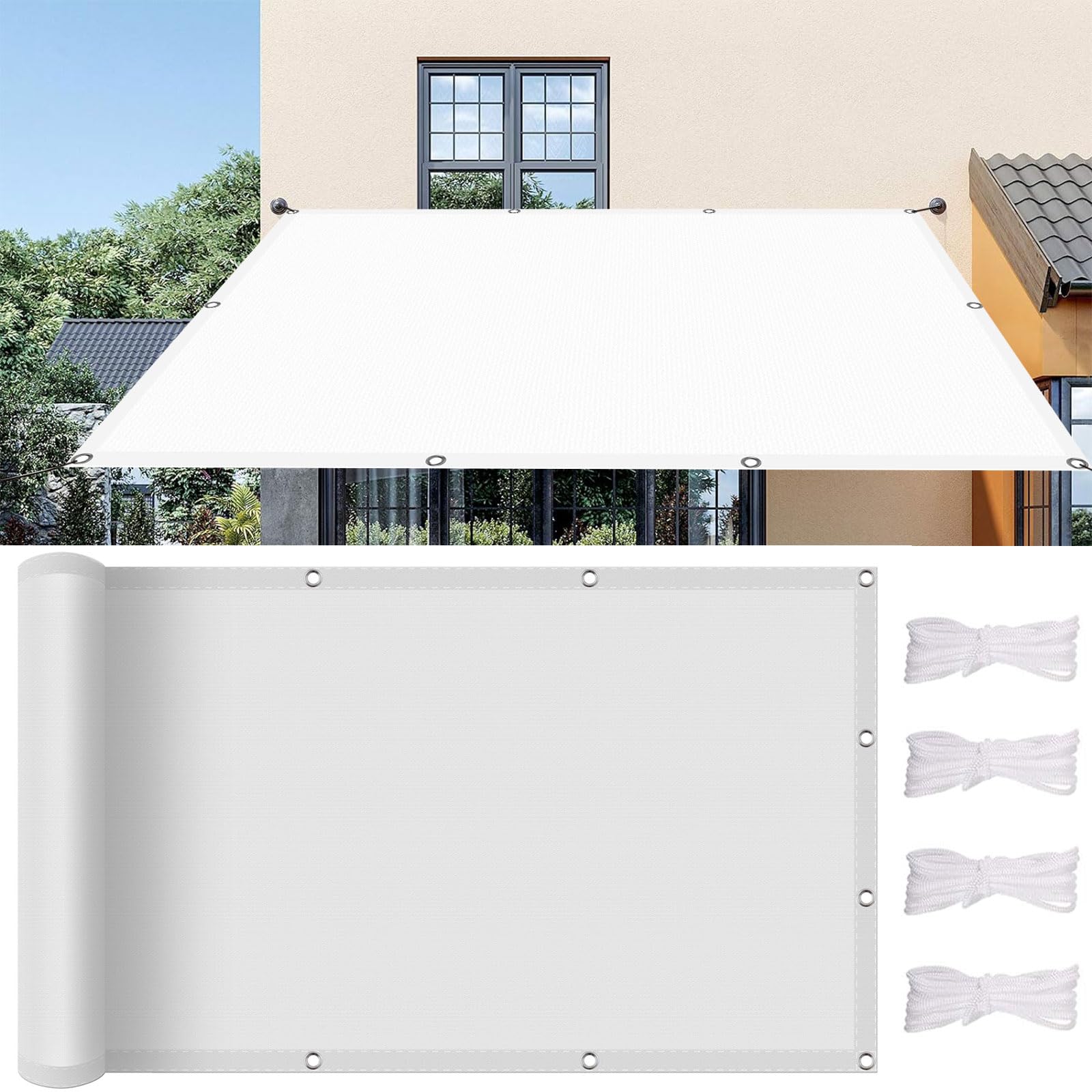 Voile d'ombrage rectangulaire 200x520 cm en polyester blanc avec oeillets pour terrasse