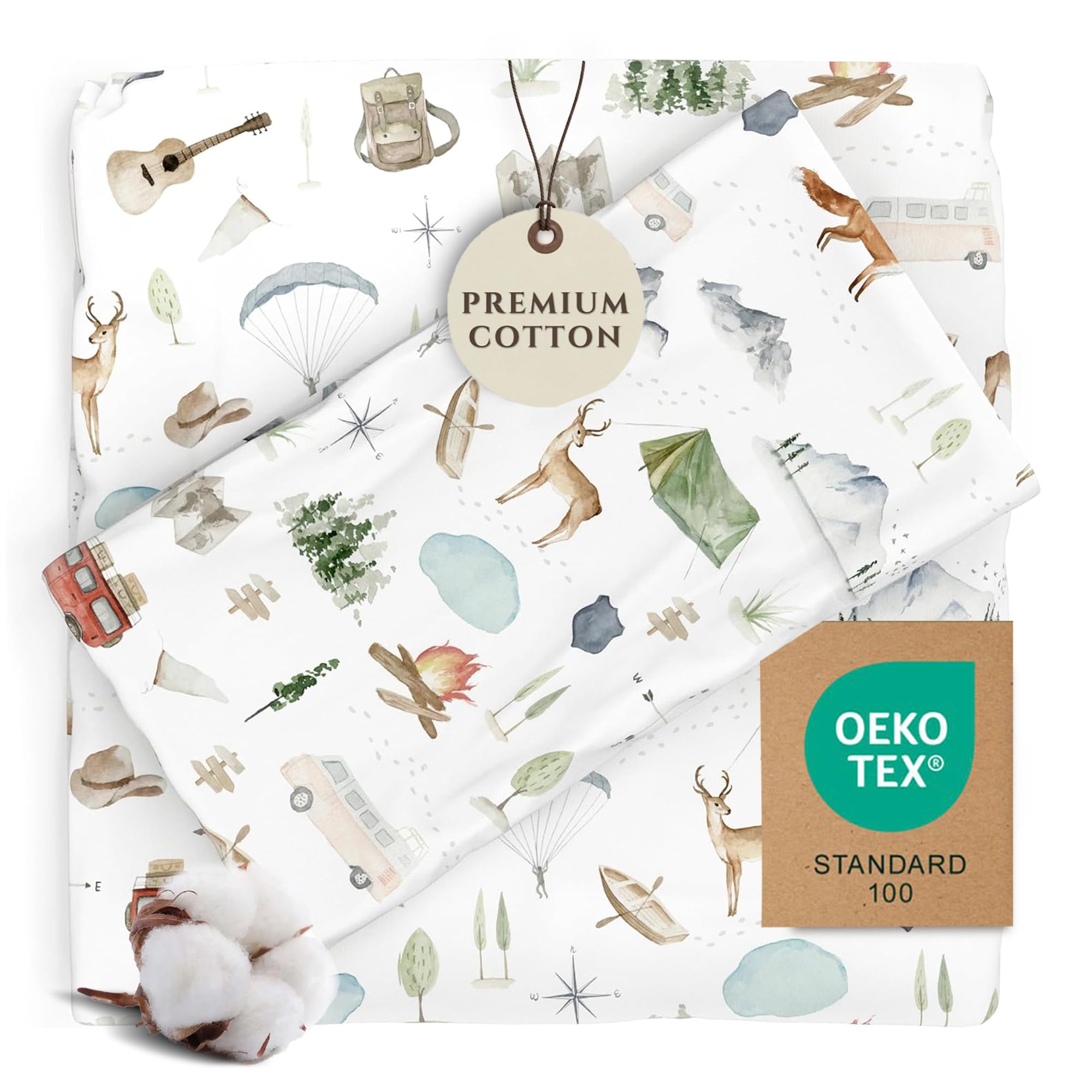 Pobibaby Premium Twin Full Sheets Sets, Kids Double Bed Sheets in Cotton Blend | Ultra-Soft Woodland Camping Print with Fitted Sheet, Flat Sheet &