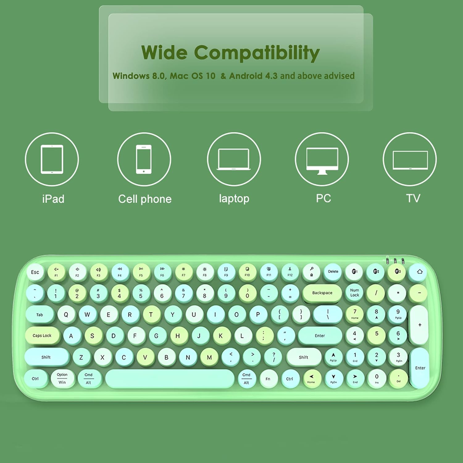 Klavye ak ikòn pou iPad, telefòn selilè, laptop, PC, televizyon ki endike konpatibilite laj