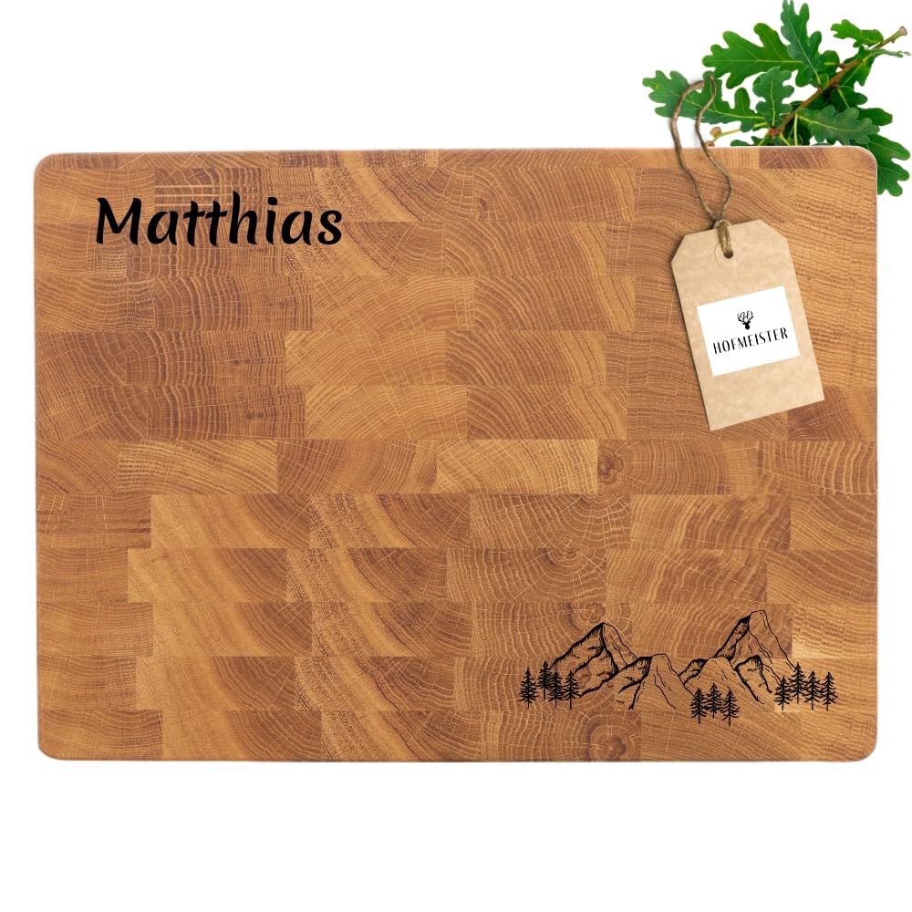 HOFMEISTER® Hackblock Stirnholz personalisierte Gravur - Butcherblock, Schneidebrett, geöltes Eichenholz - individuelles Geschenk, Geburtstag, Jubiläum, Hochzeit, Servierbrett - aus Eiche, 40 cm