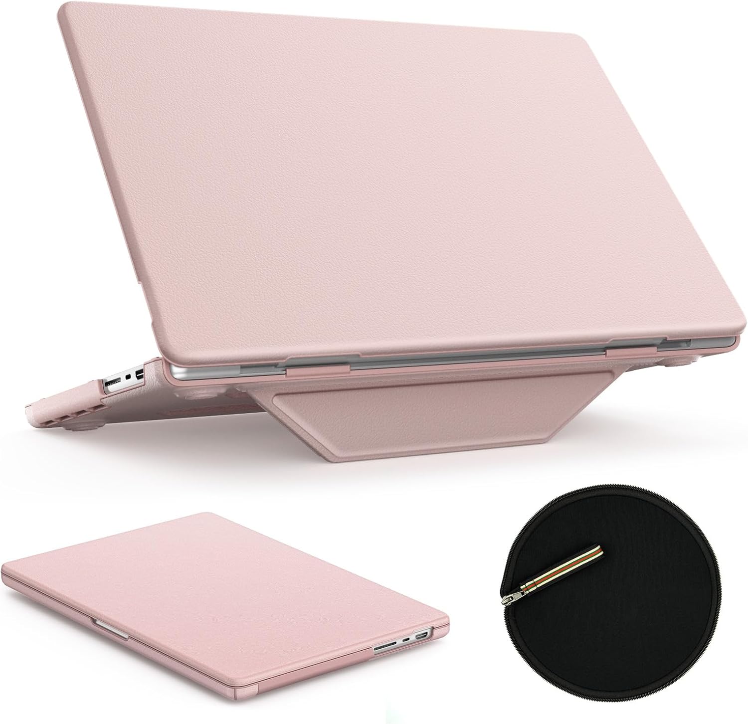 SEYMAC stock Case for MacBook Pro 14 inch 2024-2021 A3112 A3185 A3401 A2918 2992 2779 M4-M1, Shock-Absorbing Protection Case with Magnetically-Folio Stand &Mouse Pad/Bag (Leather-Like Color Pink)