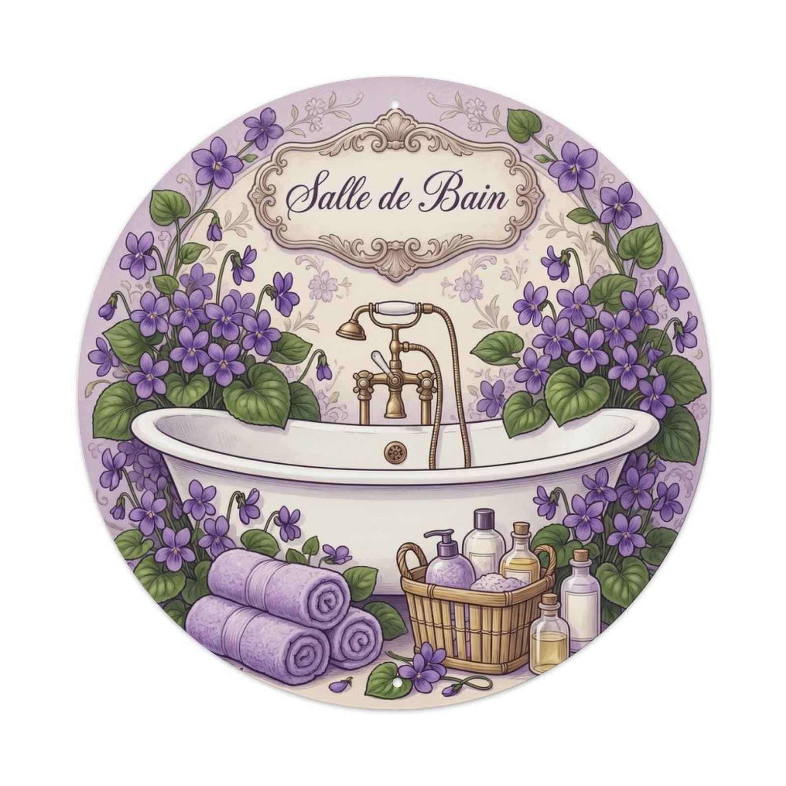 Yrnq Vintage Style Bathroom Violet Bathtub Round Decor Vintage Metal Tin Sign Plaque Wall Decor For Cafe, Club, Garden Round Metal Poster 8X8inch