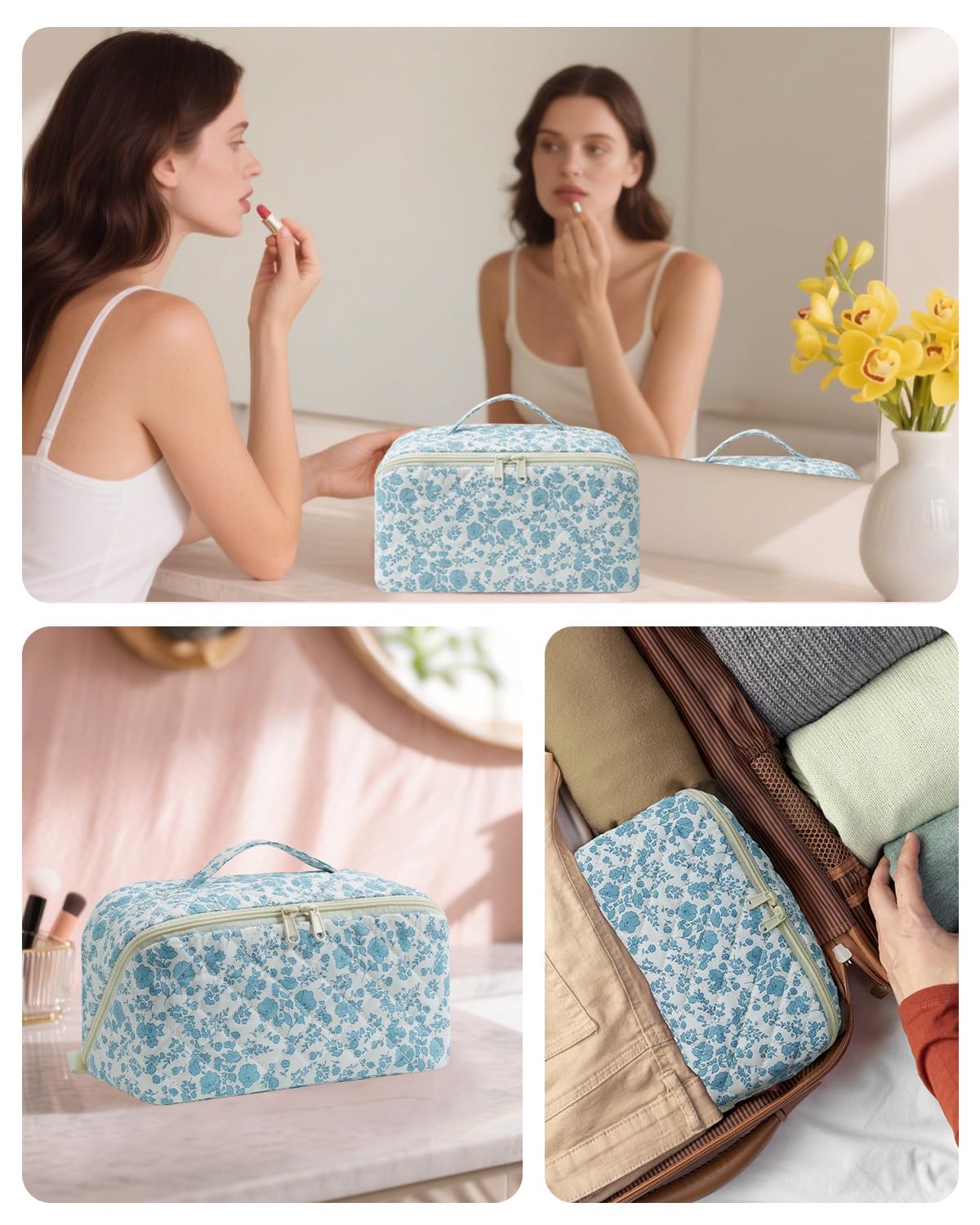 Wandering Nature Beauty Case Donna da Viaggio Impermeabile – Trousse Make Up Grande con Scomparti e Tasca Pennelli, Borsa Trucco Elegante con Manico e Divisorio Trasparente – Idea Regalo Donna