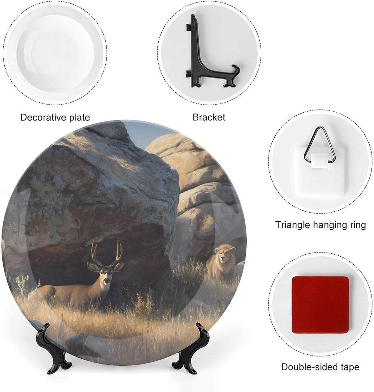 Lions Hunting Deers Behind Boulders Decorative Plates for Display Ceramic Plate Tray with Stand Hanger Home Decor