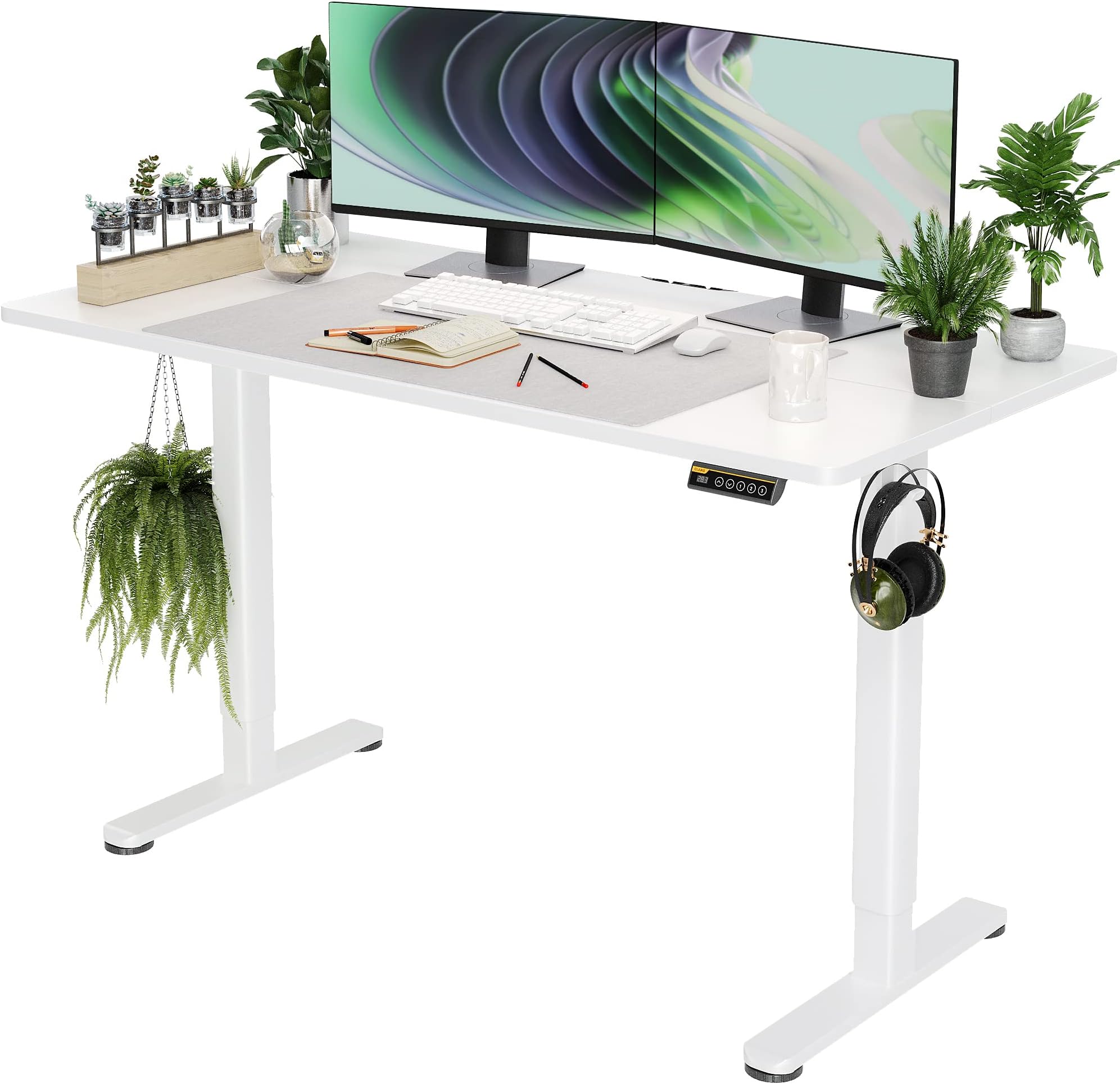 Claiks Electric Standing Desk, Adjustable Height Stand up Desk, 55x24 Inches Sit Stand Home Office Desk with Splice Board, White Frame/White Top