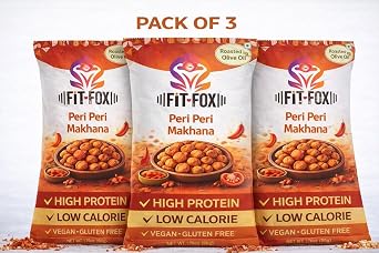 FIT FOX Peri Peri Makhana, Pack of 3 (50g Each) | Roasted Fox Nuts (Lotus Seeds) | Spicy Peri Peri Flavor | Roasted in Olive Oil | Gluten-Free, Vegan, Plant-Based Healthy Snack. Flavour Variety Available in 12 delicious flavors.