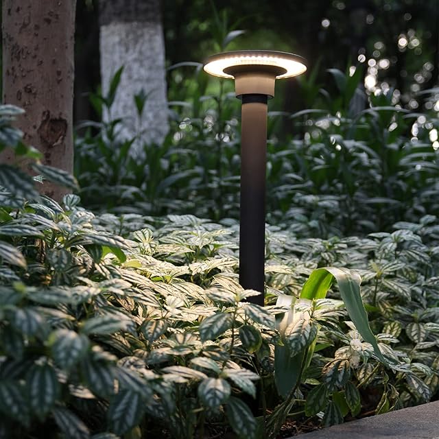 DAWALIGHT Garden Bollard Lights Mains Powered with Spike 8W 3000K Warm White Round Pedestal Post Lamp Outdoor IP65 Waterproof for Coastal Area Porch Patio Driveway Lawn Landscape, Plastic, Black