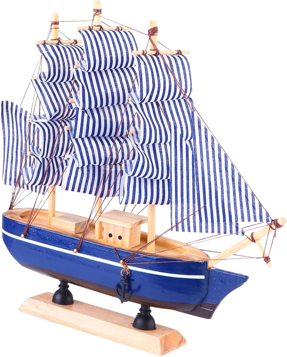 HOMSFOU Wooden Ship Model Blue 24cm Sailing Ship Boat Decorative Piece