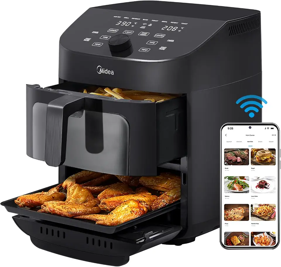 Midea Dual Basket Air Fryer Oven 11 Quart 8 in 1 Functions, Clear Window, Smart Sync Finish, Works with Alexa, Wi-Fi Connectivity, 50+ App Recipes for