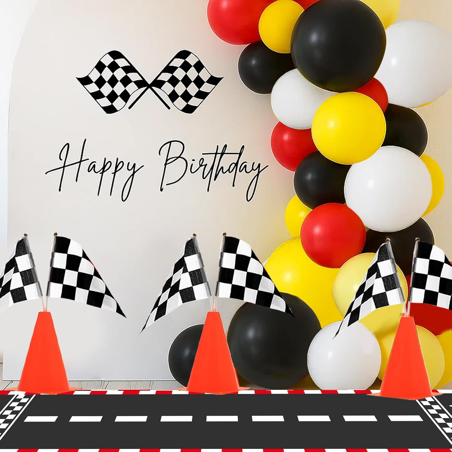 Patimate Race Car Birthday Party Decorations, 70 pcs Traffic Cones With Hole, Checkered Flags, Racetrack Floor Runner and Black Red Yellow Balloons for Car Themed First Birthday Party Supplies