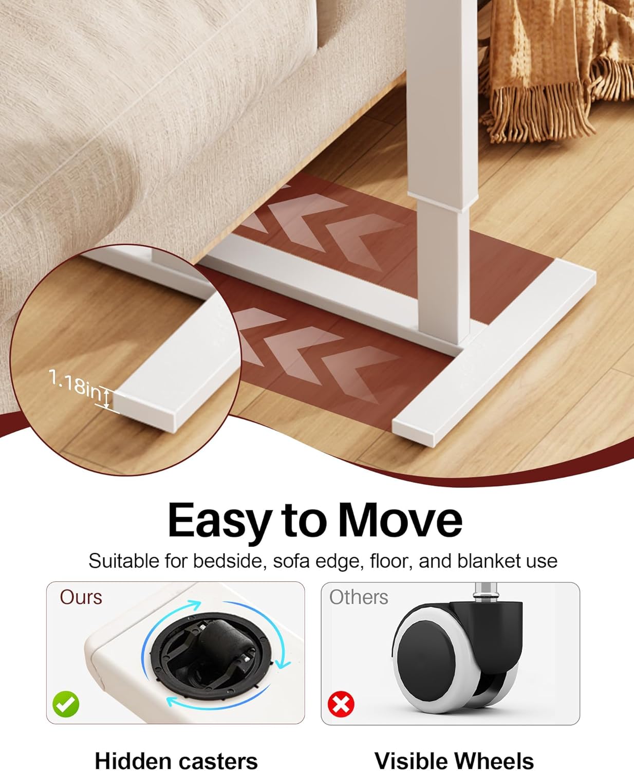 Foldable Overbed Table with Wheels, Pneumatic Adjustable Overbed Bedside Table, Mobile Standing Desk, Hospital Bed Tables Over The Bed, Rolling Laptop Desk with Casters for Home Office