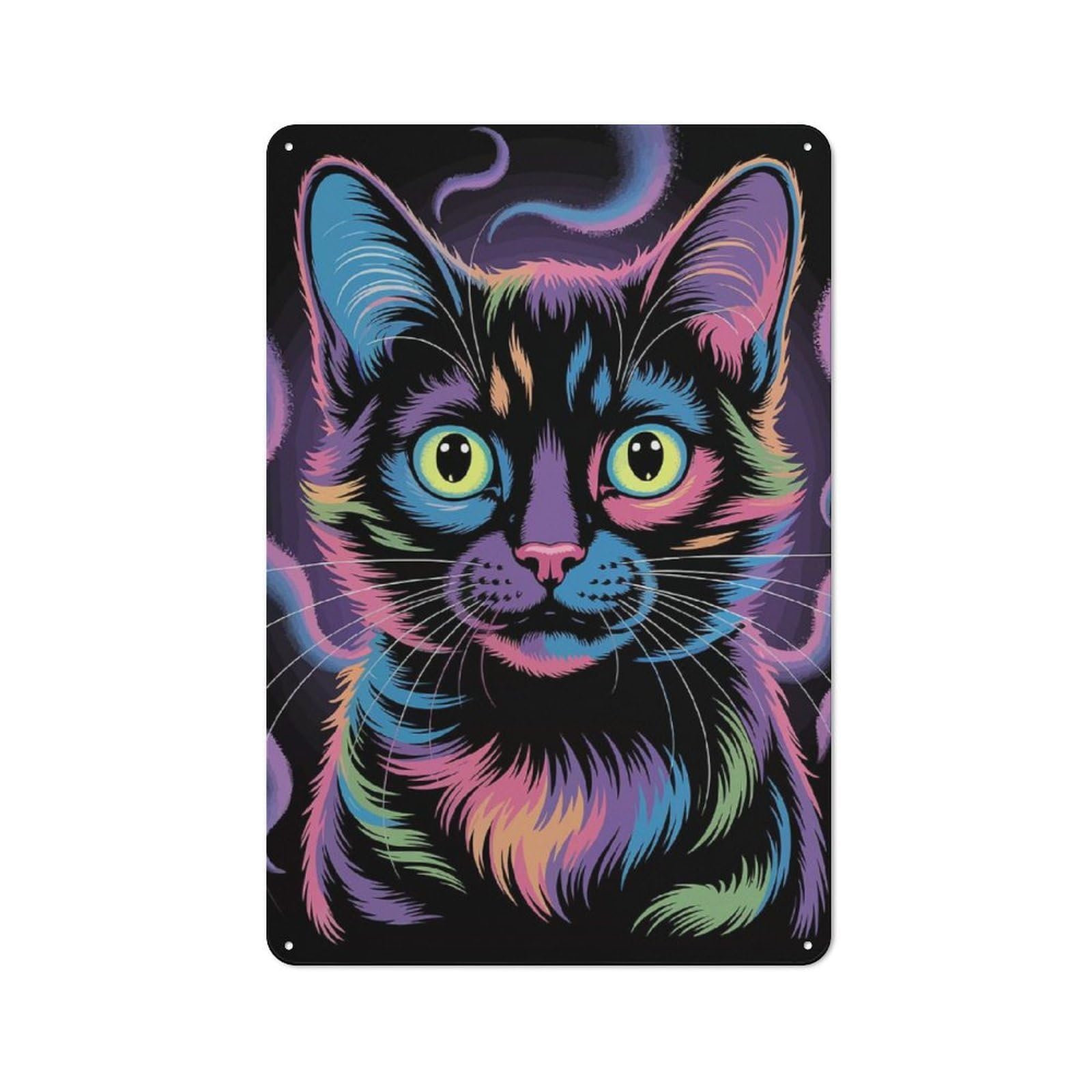 Junmoney Colorful Cat Portrait On Black Background Tin Wall Plaque 30X20cm With For Guest Room Or Hallway, For Hallway Wall Decor Fans