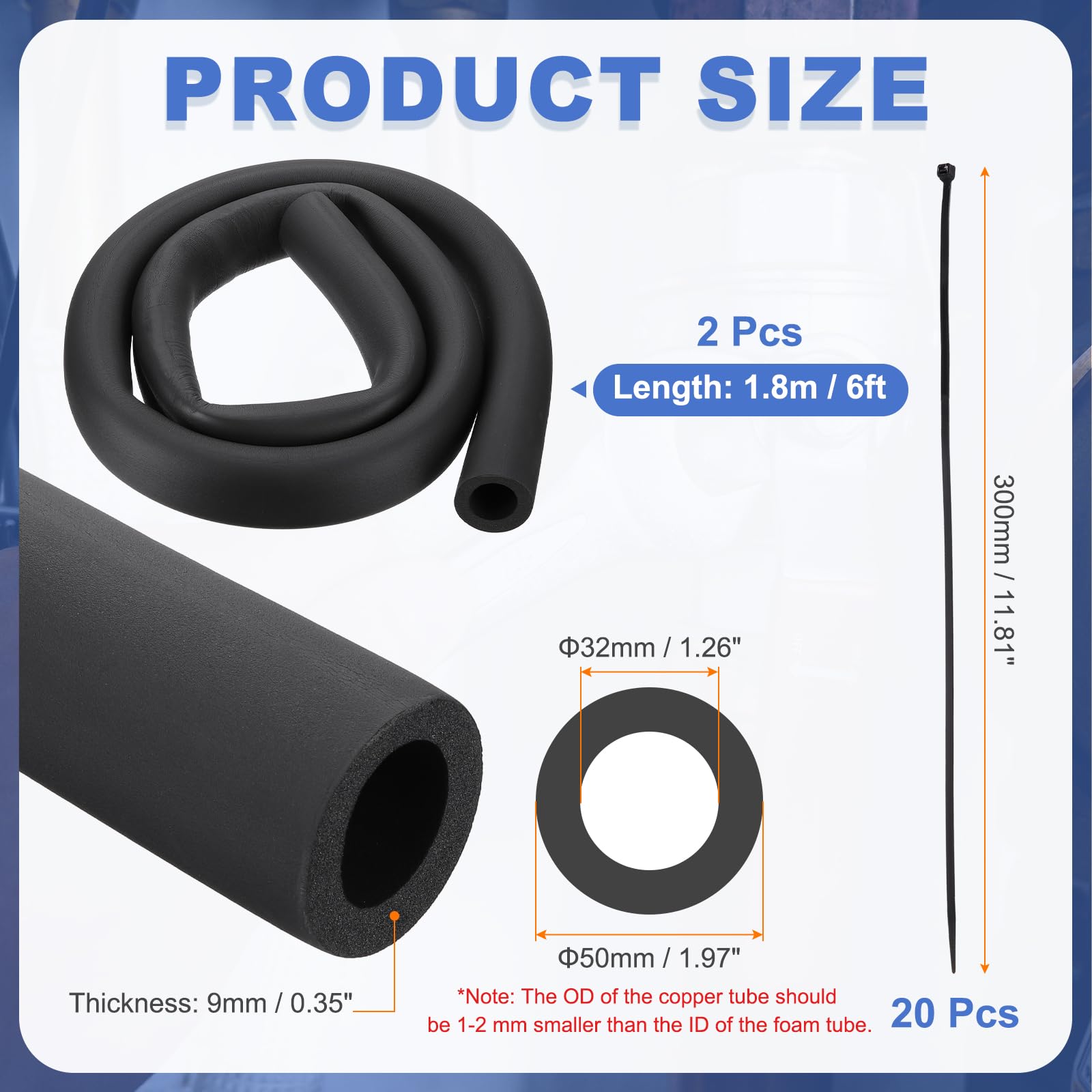 uxcell Lot de 2 tubes isolants en mousse de 32 mm ID x 1,8 m, noir